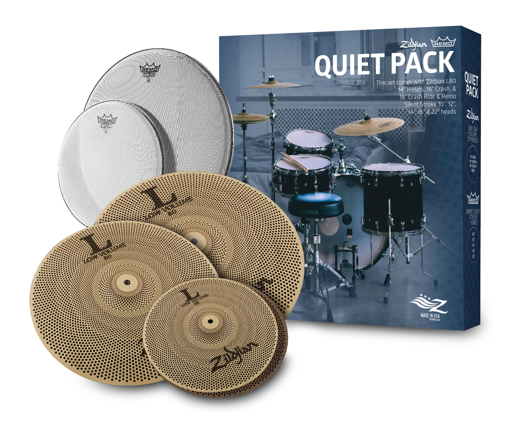 Zildjian 468 Low Volume Cymbal Pack with Remo Silentstroke Heads - 13