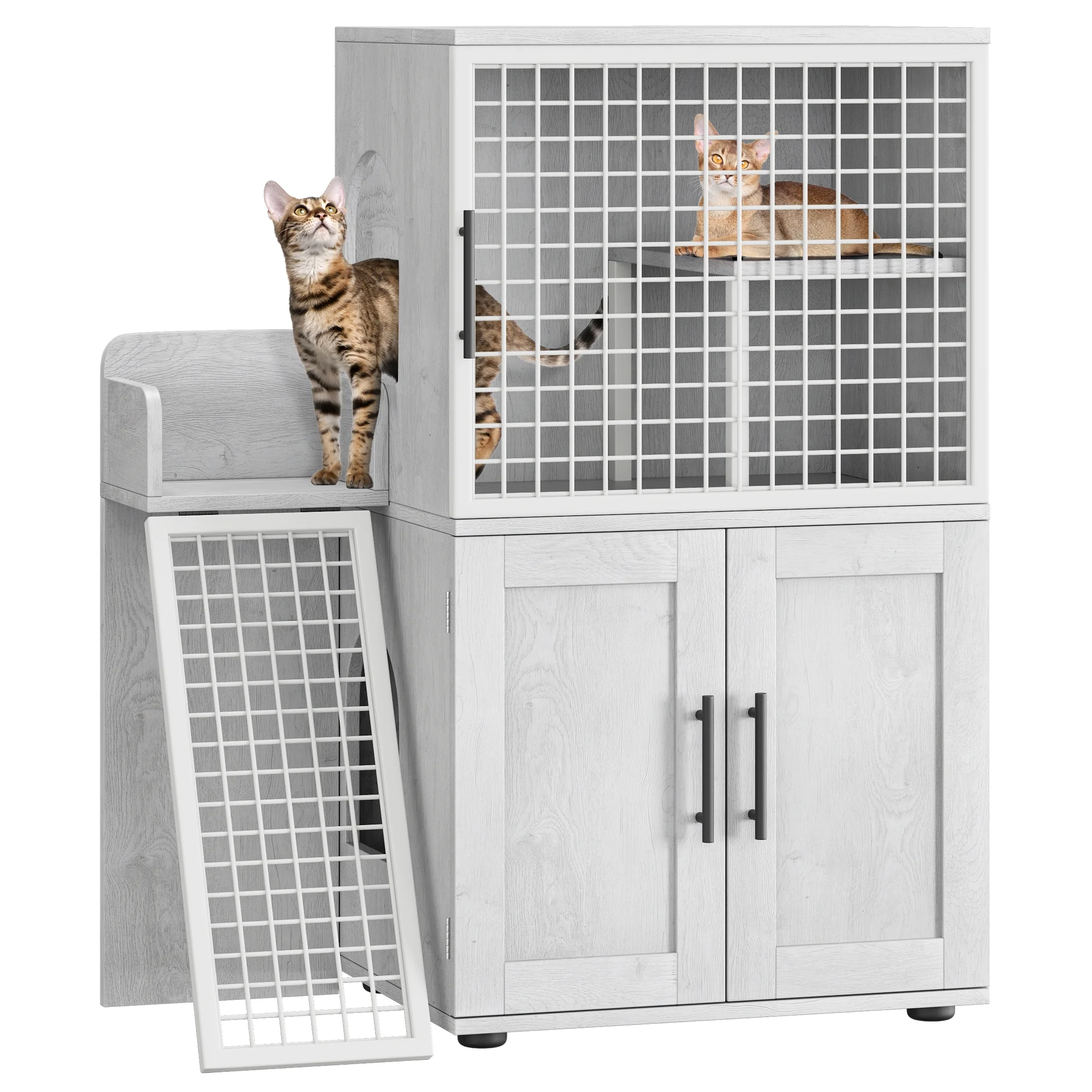 Towallmark 2 In 1 Hidden Litter Box Enclosure Furniture, 2 Storage Racks And 2 Drawers, Litter Box With Platform, Ladder, Indoor Cat Washroom, Rustic White