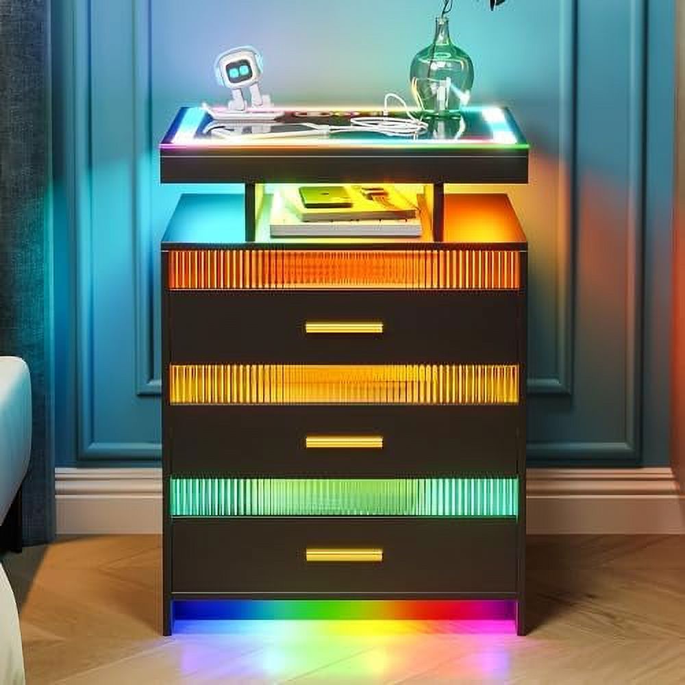 xrboomlife LED Nightstand  with USB/Type-C/Wireless Charging Station  Smart Night Stand with Auto 24-Colors RGB LED Light  Bedside Table with 3 Drawers for Bedroom  (Black  2PCS)