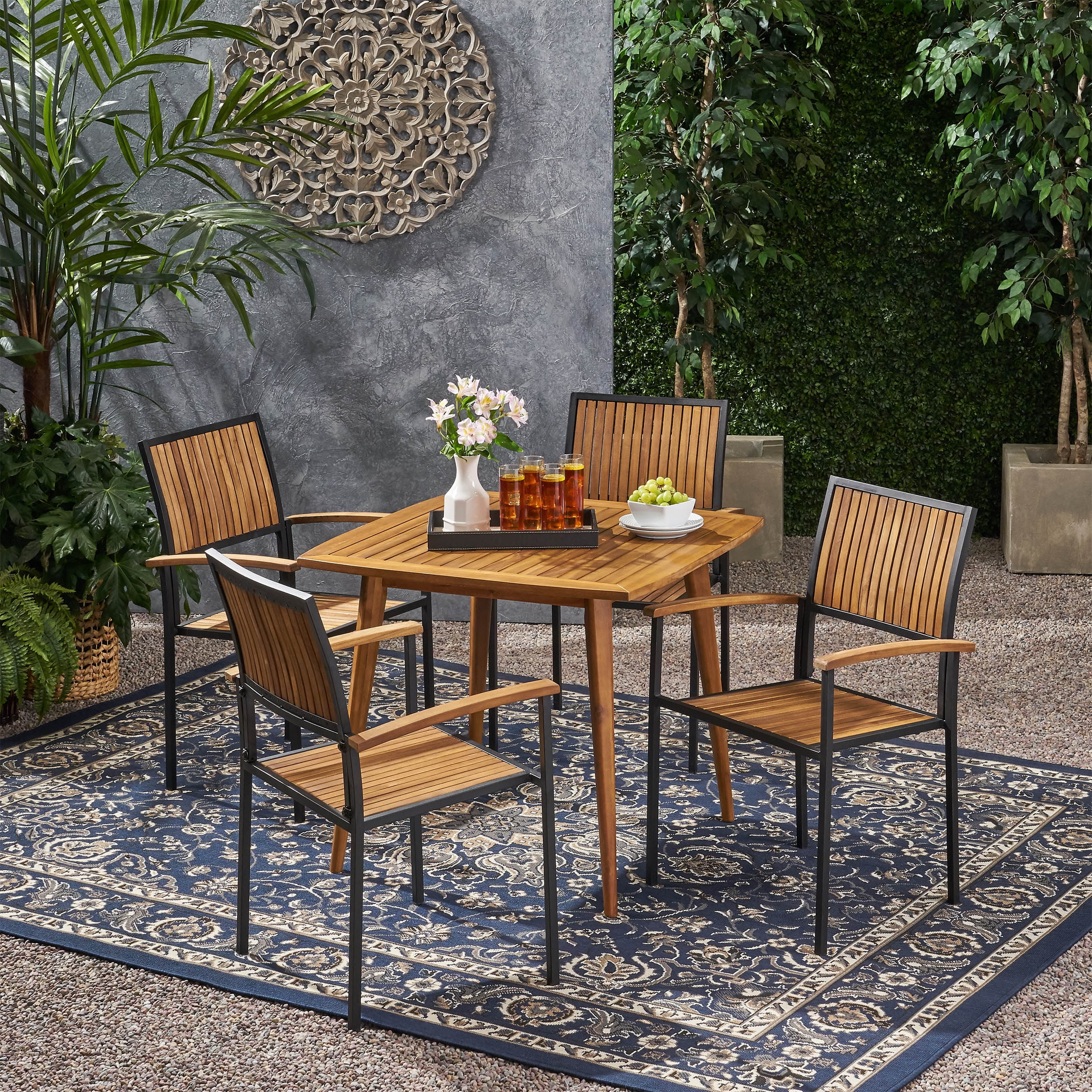 GDF Studio Thornley Outdoor Acacia Wood 5 Piece Dining Set, Teak
