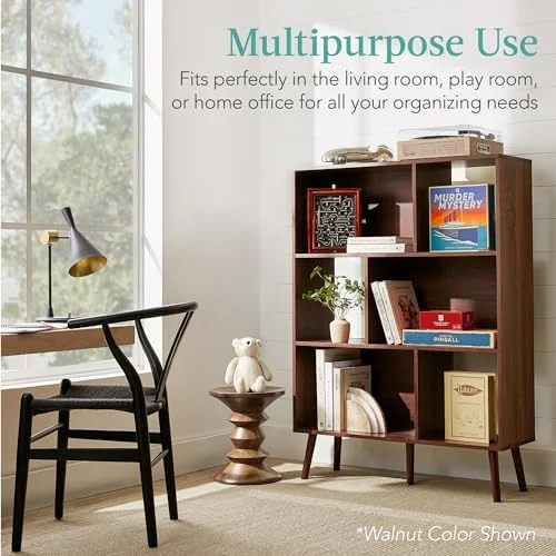 YFbiubiulife 3-Tier Mid-Century Modern Wooden Bookcase  6-Cube Organizer for Nursery   Room  Living Room  w/Removable Back Panels  Pine Legs - Walnut