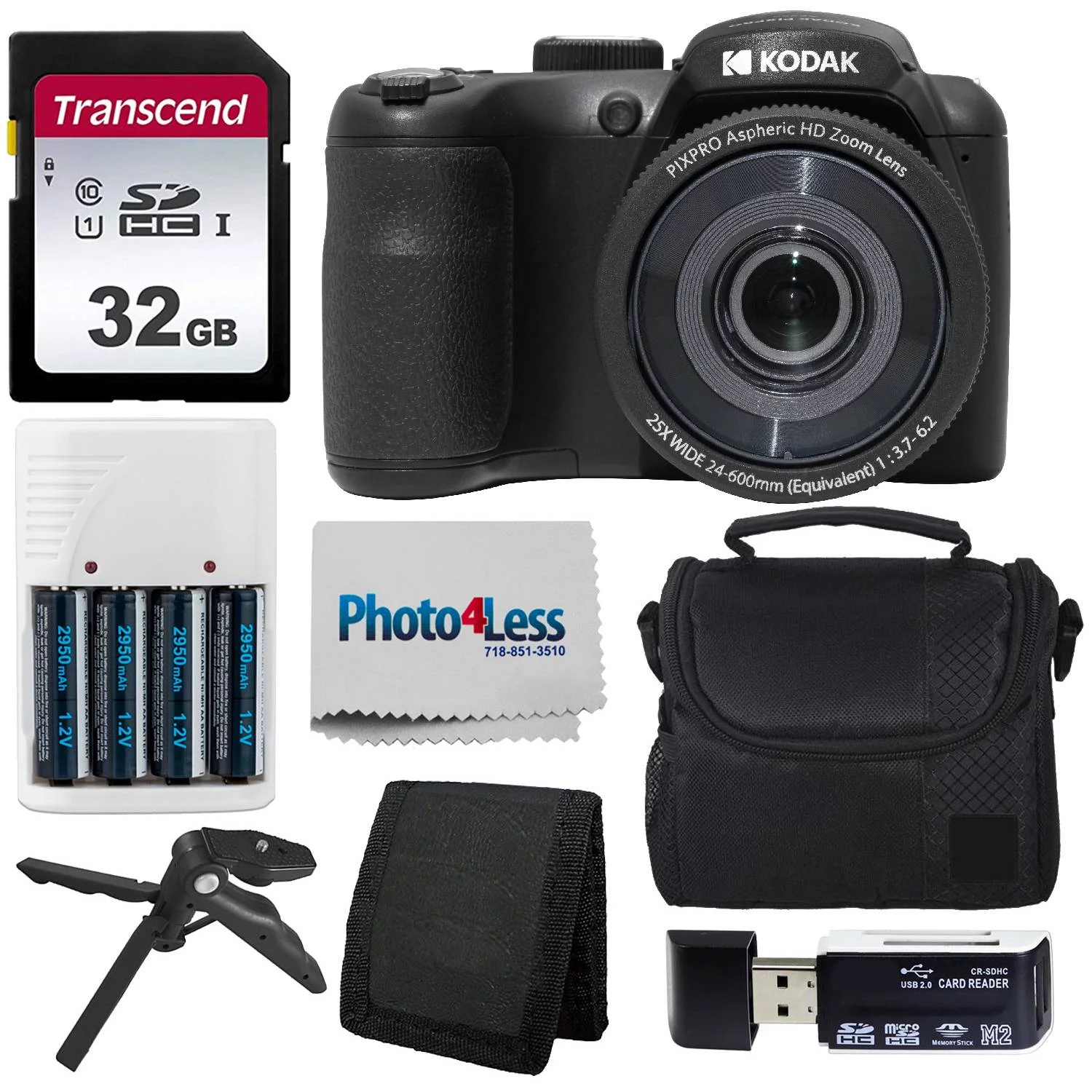 Kodak PIXPRO AZ255 Digital Camera (Black) Kit + 32GB Memory Card + Accessories