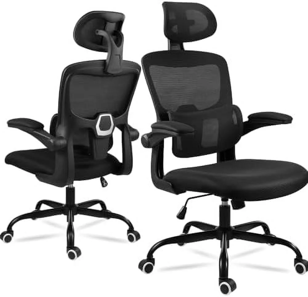 FDSHOIYN Ergonomic Office Chair Mesh Desk Chair Lumbar and Back Support Computer Chair with Adjustable Headrest Pillow  Swivel Casters and Flip-up Armrests for Home Office (Black)