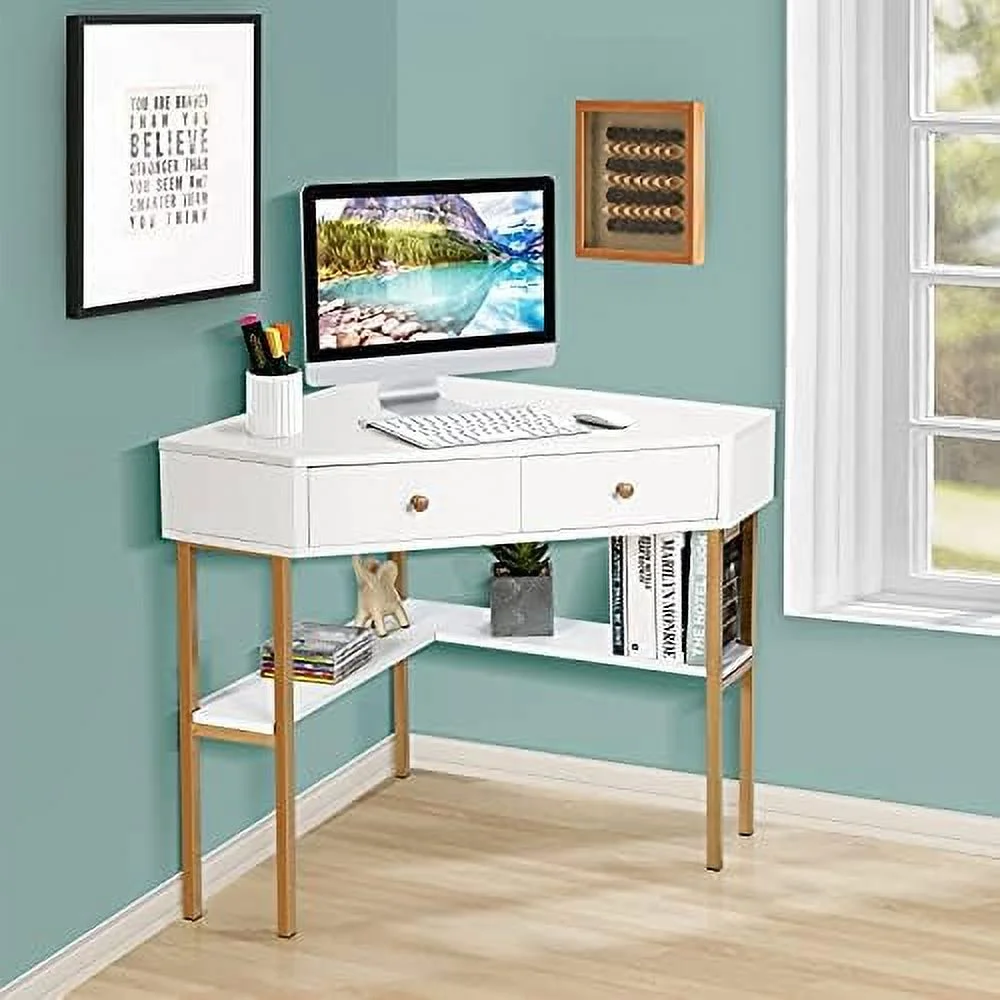 CGFHYP Corner Desk with Drawers  90 Degrees Triangle Desk w/ Shelves and Metal Frame  Corner Writing Desk  Corner  Vanity Table  Small Corner Desks for Small Spaces (White)