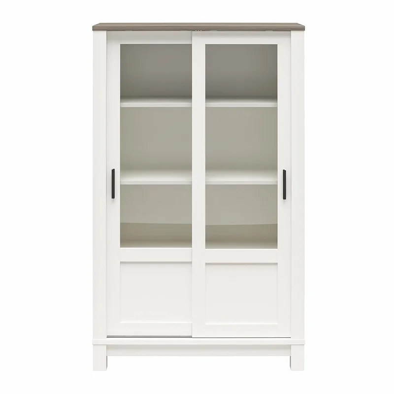 Pemberly Row Rustic Farmhouse Bookcase Cabinet - White w/Brown Oak
