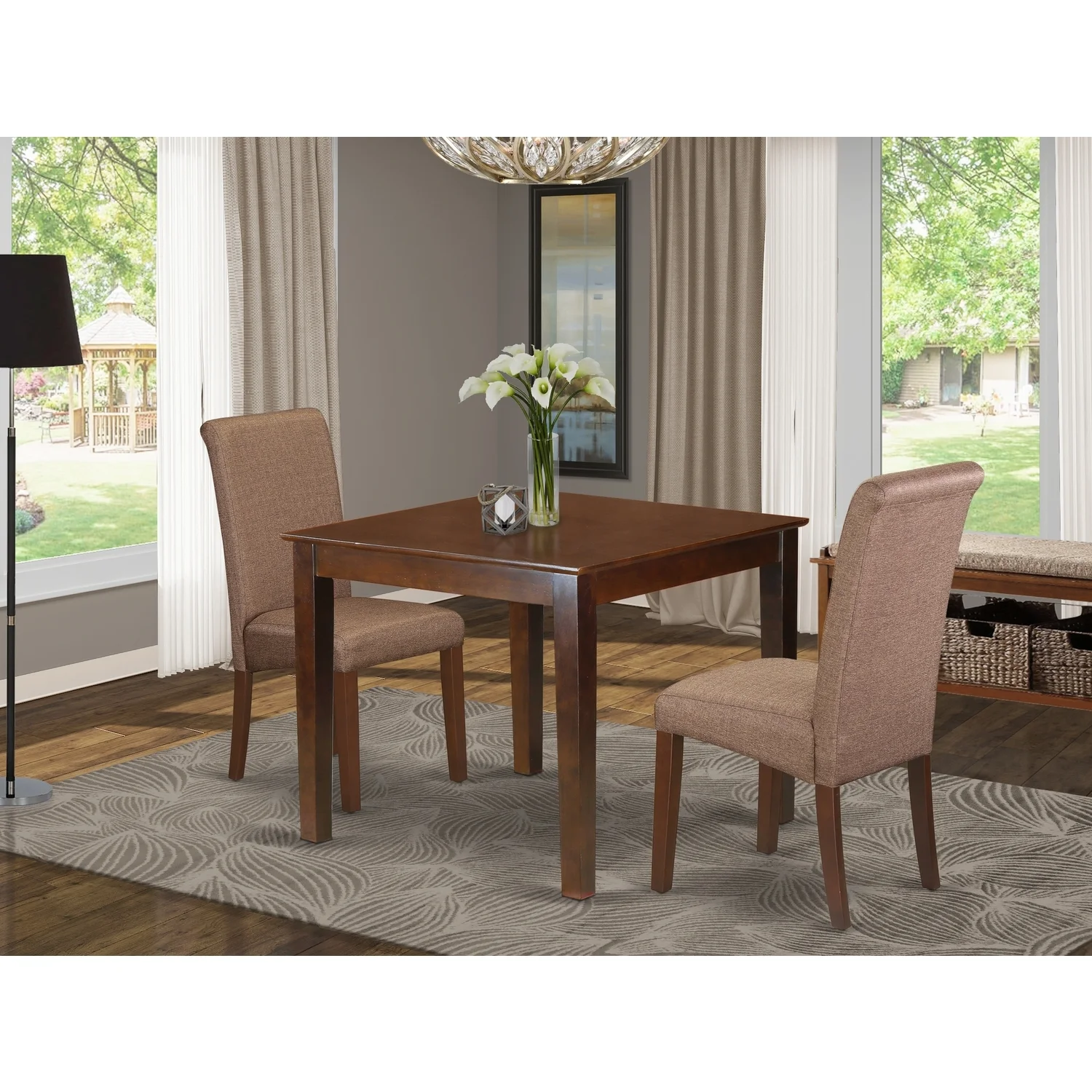 HomeStock Sophisticated Simplicity 3Pc Square Table With Linen Brown Fabric Parson Chairs With Mahogany Chair Legs