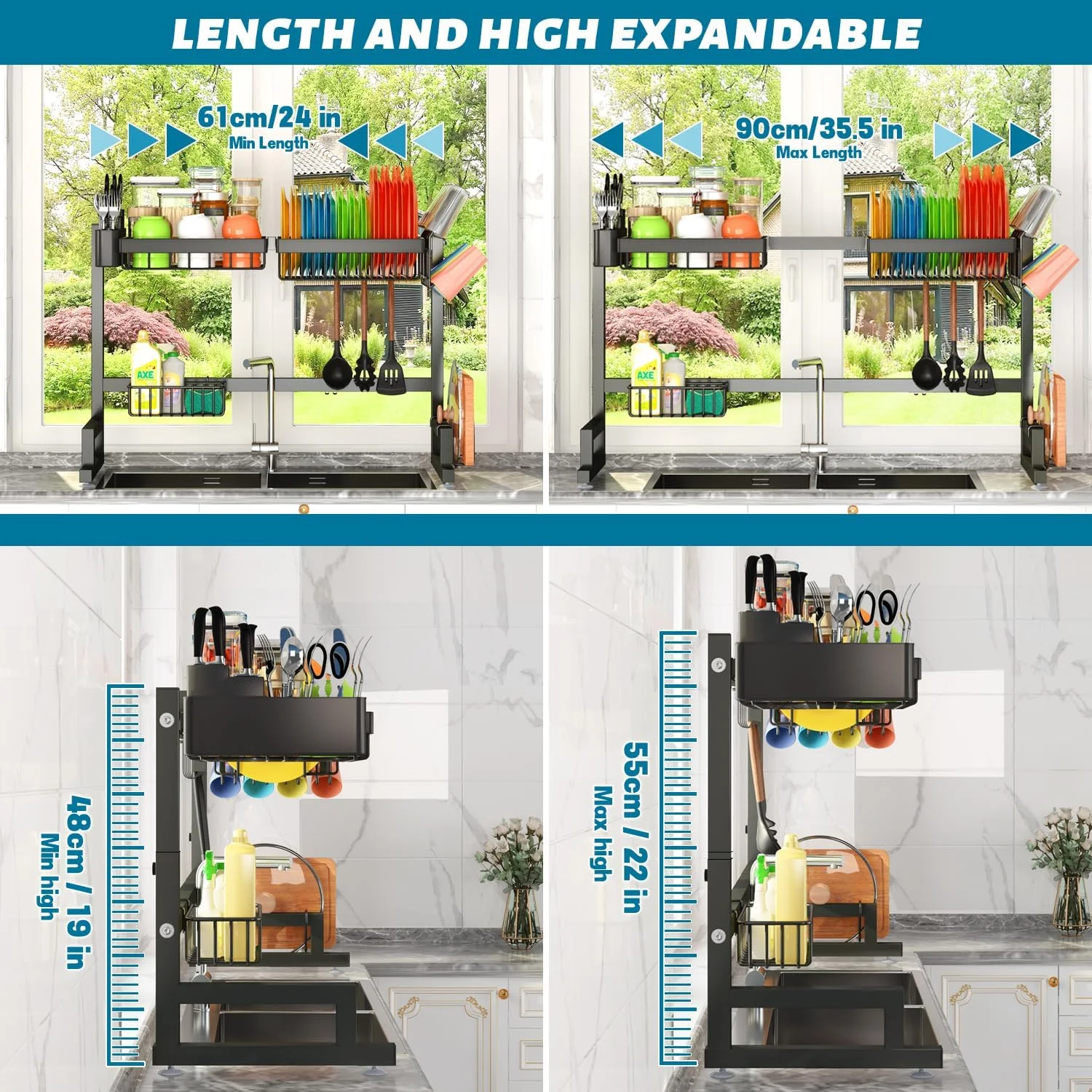 ADBIU Over The Sink Dish Drying Rack (Expandable Height and Length) Snap-On Design 2 Tier Large Dish Rack Stainless Steel (24