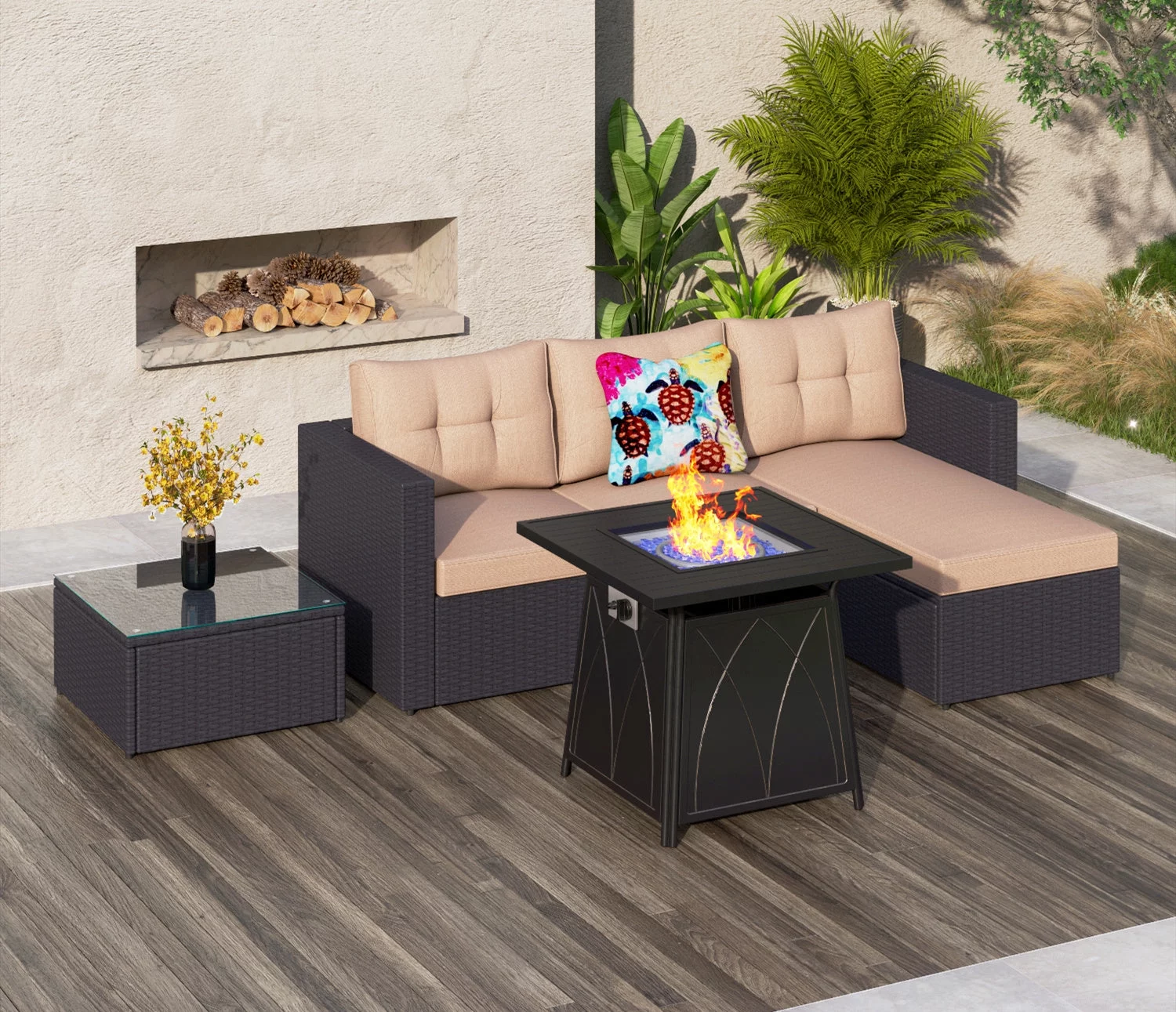 Sophia & William 4-Piece Wicker Patio Conversation Set with Fire Pit Table - Beige