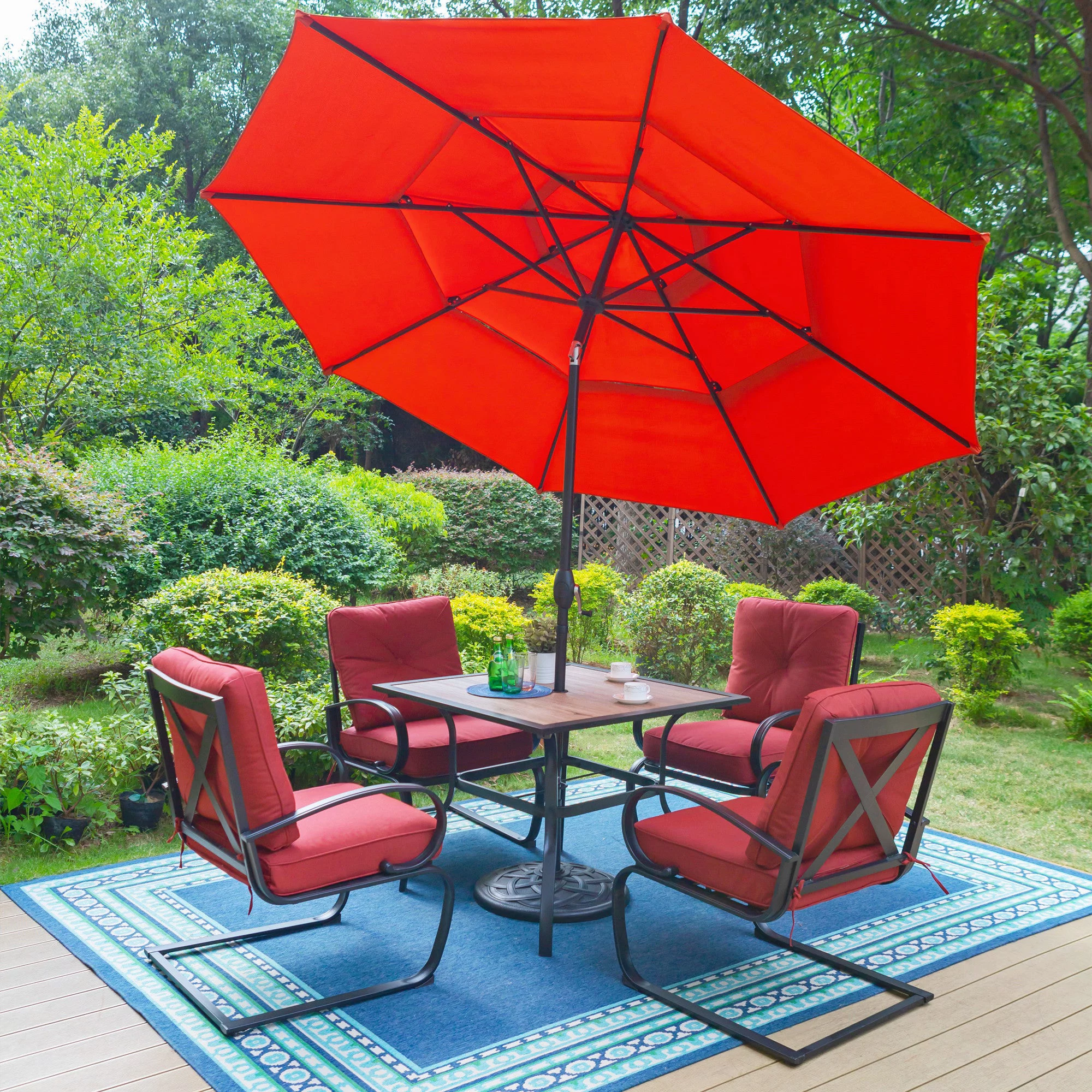 MF Studio 6-Piece Outdoor Patio Set with 10 FT 3-Tier Round Umbrella, 4 PCS C-shape Padded Rocking Chairs&Square Dining Table, Red Cushion&Umbrella