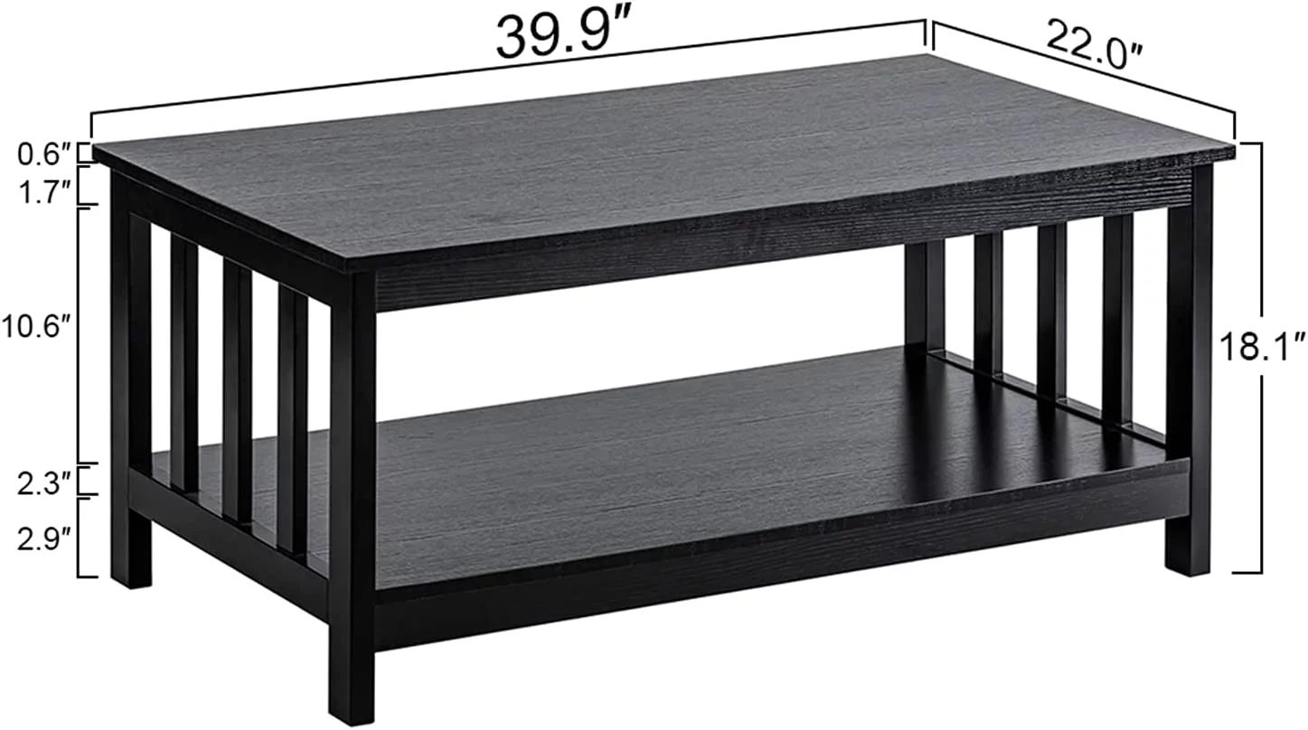 ChooChoo Black Coffee Table, Modern Living Room Table with Shelf Medium Density Fiberboard, 40 Inch