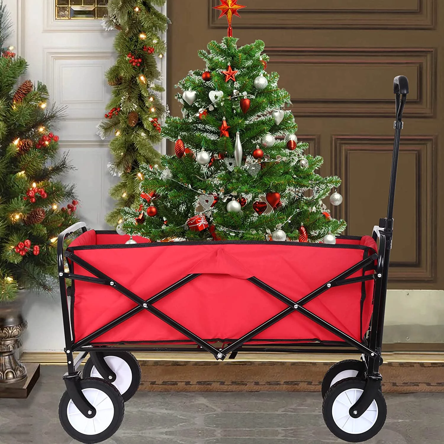 YRLLENSDAN Collapsible Garden Cart with Wheels, Folding Garden Carts and Wagons Outdoor Utility Garden Wagon with 360 Degree Swivel Wheels & Adjustable Handle