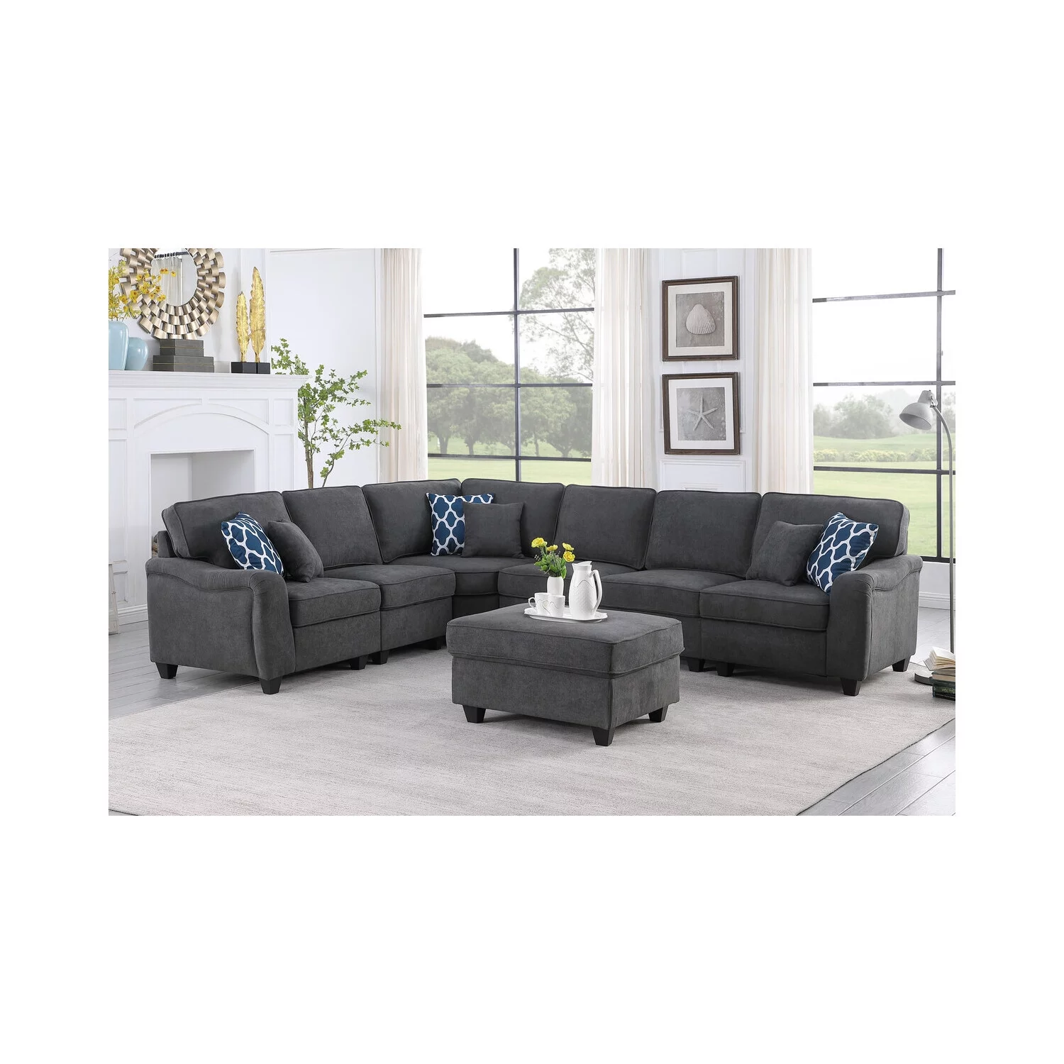 Homestock Antique Ambiance Dark Gray Woven 7Pc Modular L-Shape Sectional Sofa and Ottoman
