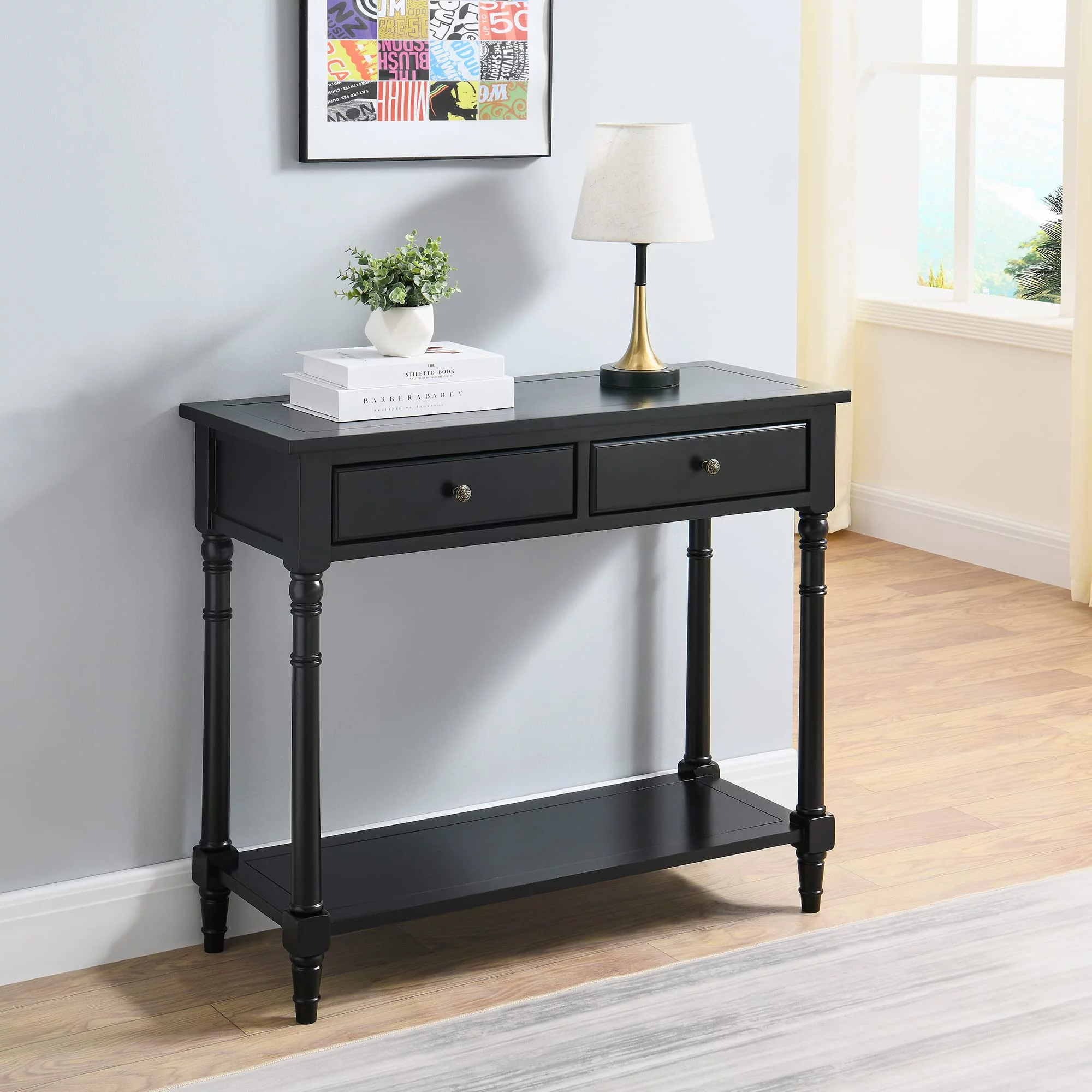 JESONVID Solid Wood Console Table with 2 Drawers, 2-Tier 35.4