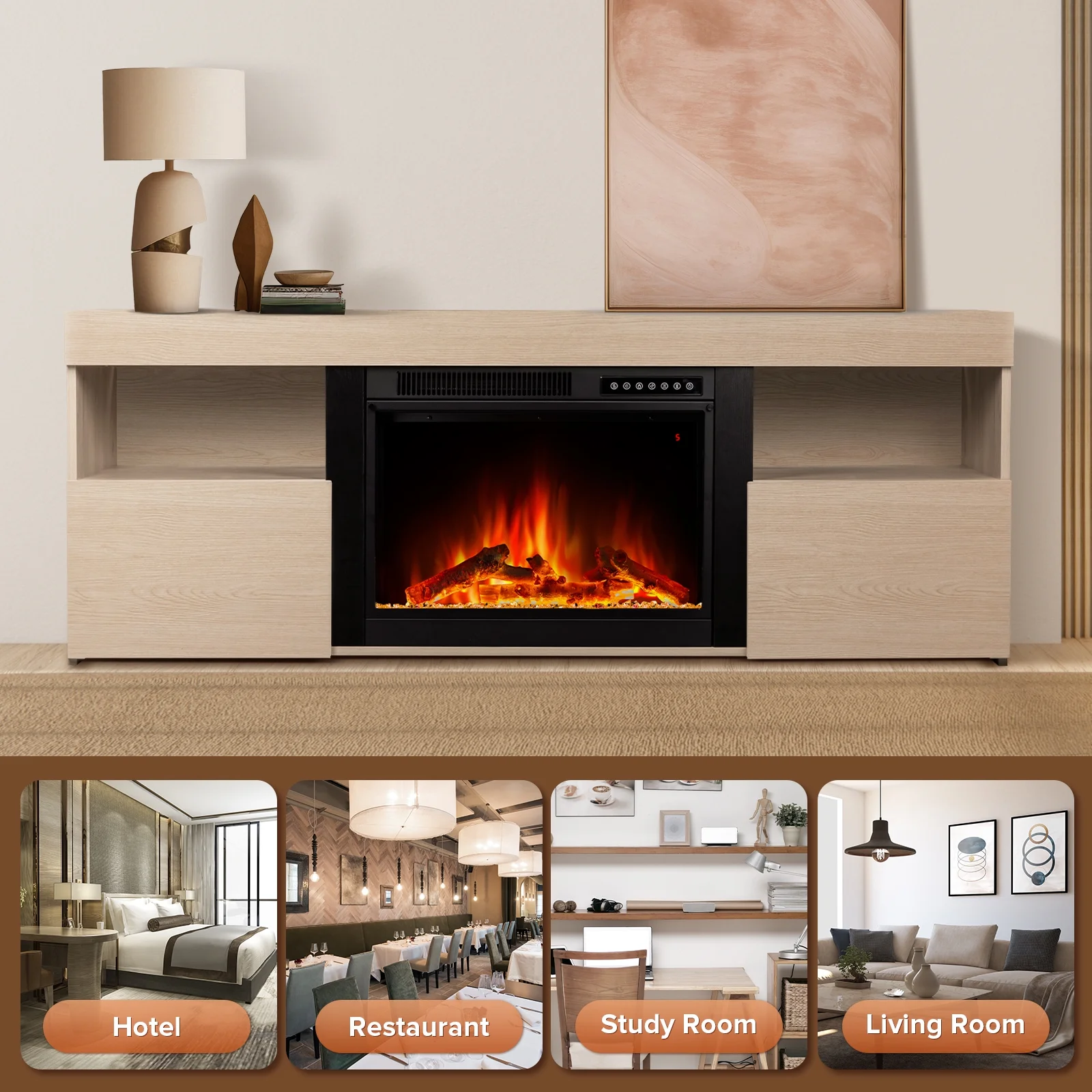 LHRIVER Free Standing Fireplace, Remote Control, 60'', Electric Fireplace Mantel, Adjustable Real 3D Flame Brightness （LIGHTOAK）