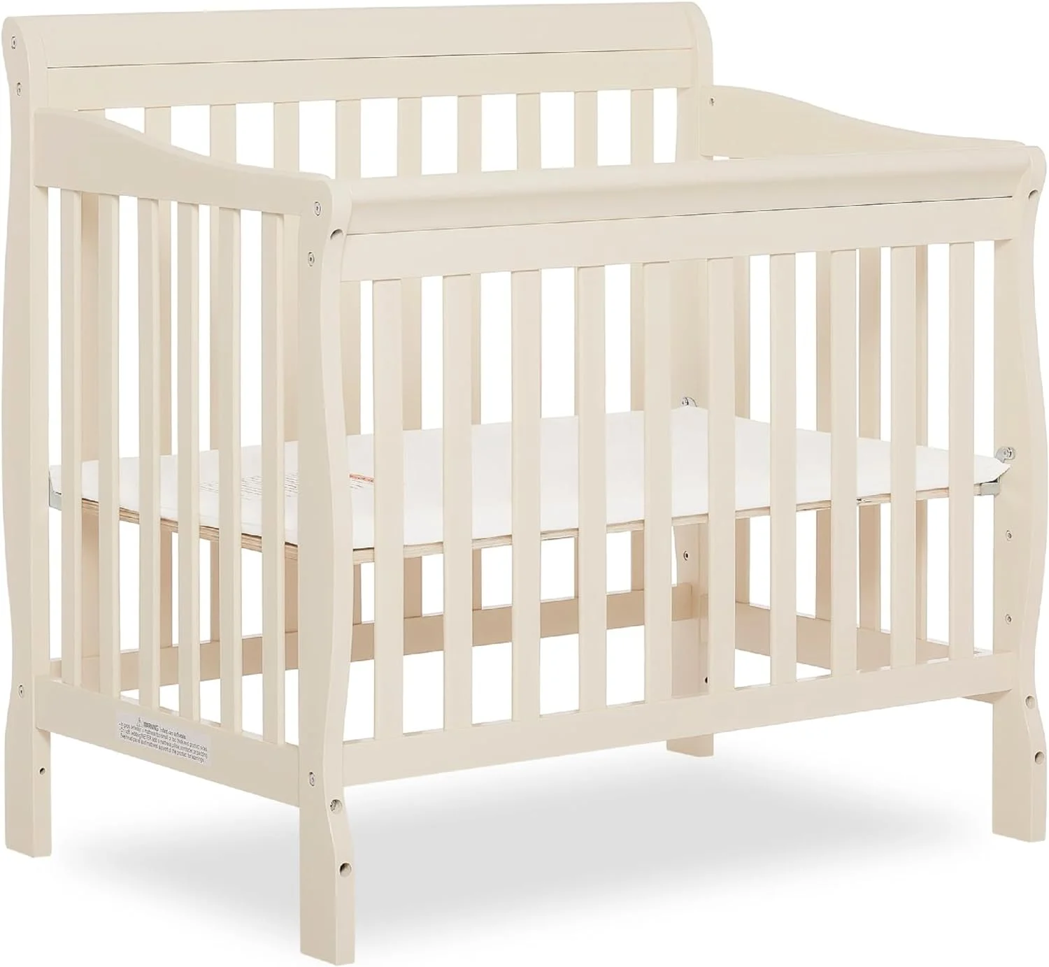 Aden 4-in-1 Convertible Mini Crib In French White, Greenguard Gold Certified, Non-Toxic Finish, New Zealand Pinewood, With 3 Mattress Height Settings