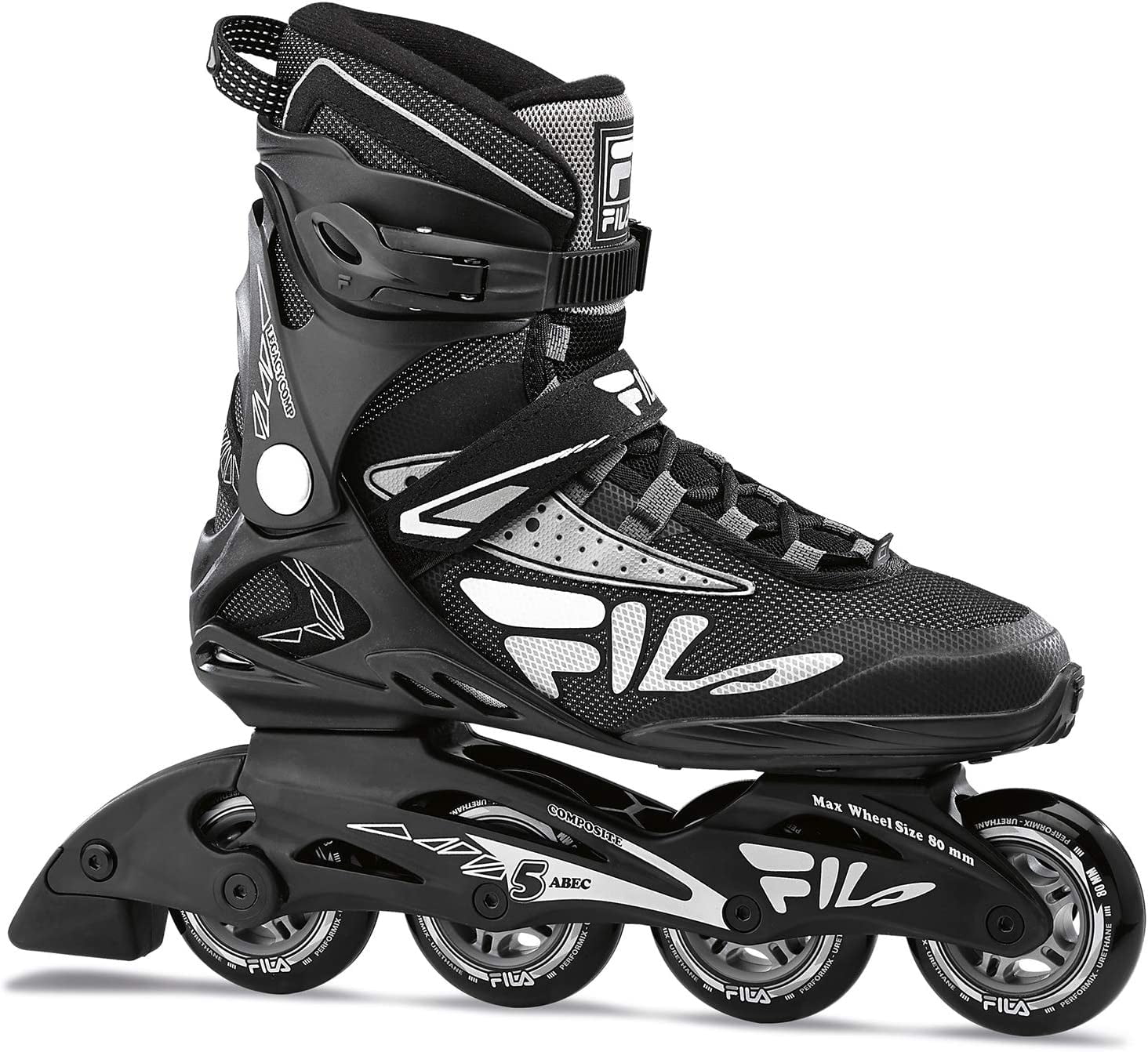 FILA Legacy Comp Inline Skates for Teens and Adults, Unisex Inline Skates for Girls, Boys, Women and Men, Black and Gray, Men's 9