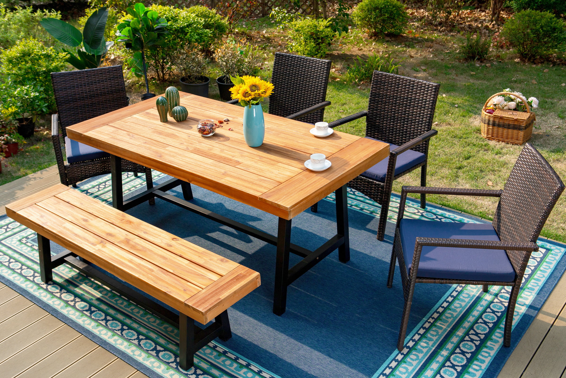 MF Studio 6 Pieces Outdoor Patio Dining Set, 4 Cushioned Wicker Chairs & 1 Acacia Wood Table & 1 Wooden Bench for Yard Porch, Balcony, Indoor