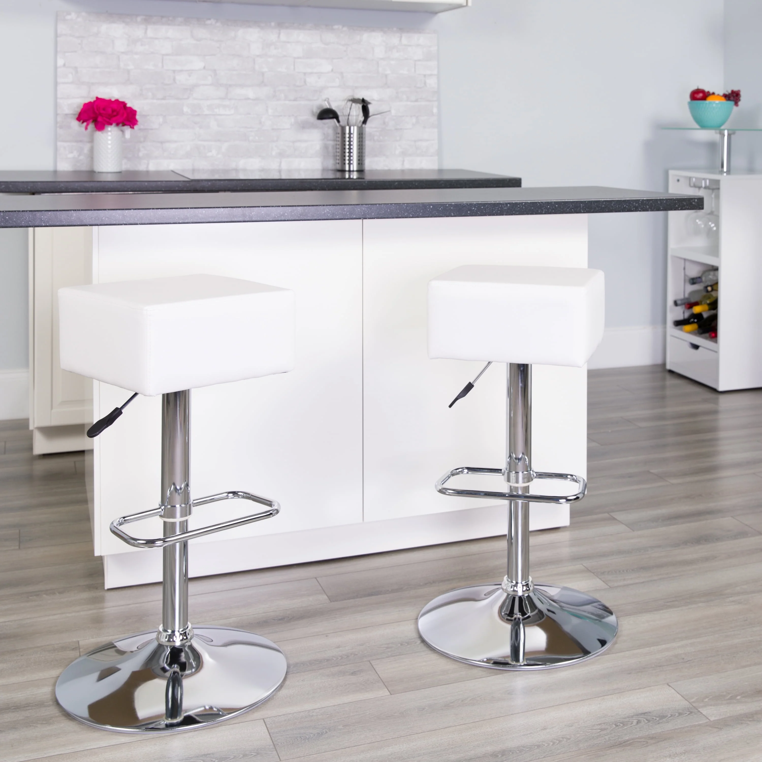 Flash Furniture Contemporary White Vinyl Adjustable Height Barstool with Square Seat and Chrome Base
