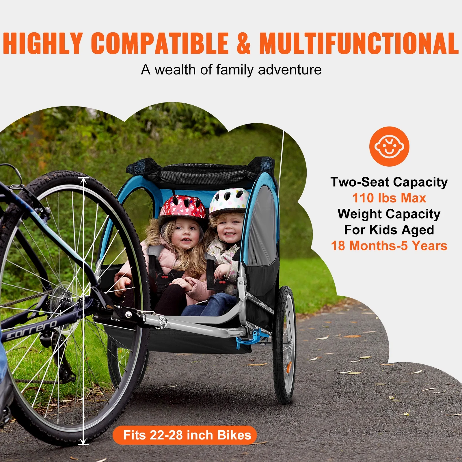 SKYSHALO 2Seater Trailer 110 lbs Child Bike Trailer Foldable Double Kids Carrier