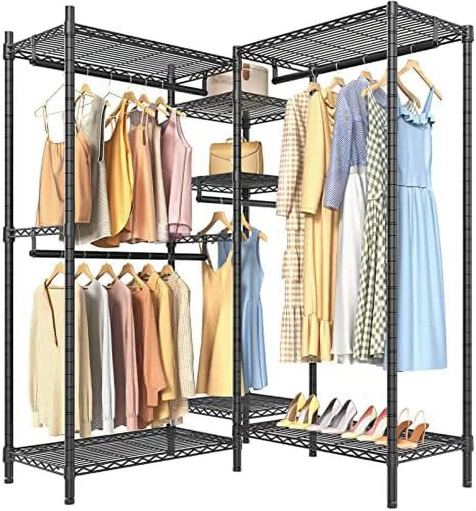 GVJMTKP L6 L Shaped  Heavy Duty Clothing Rack for Corner  5-Tier Wire Garment Rack Metal Freestanding Closet with Adjustable Shelves  46.5" L x 46.5" W x 76.4" H  Max Load 800