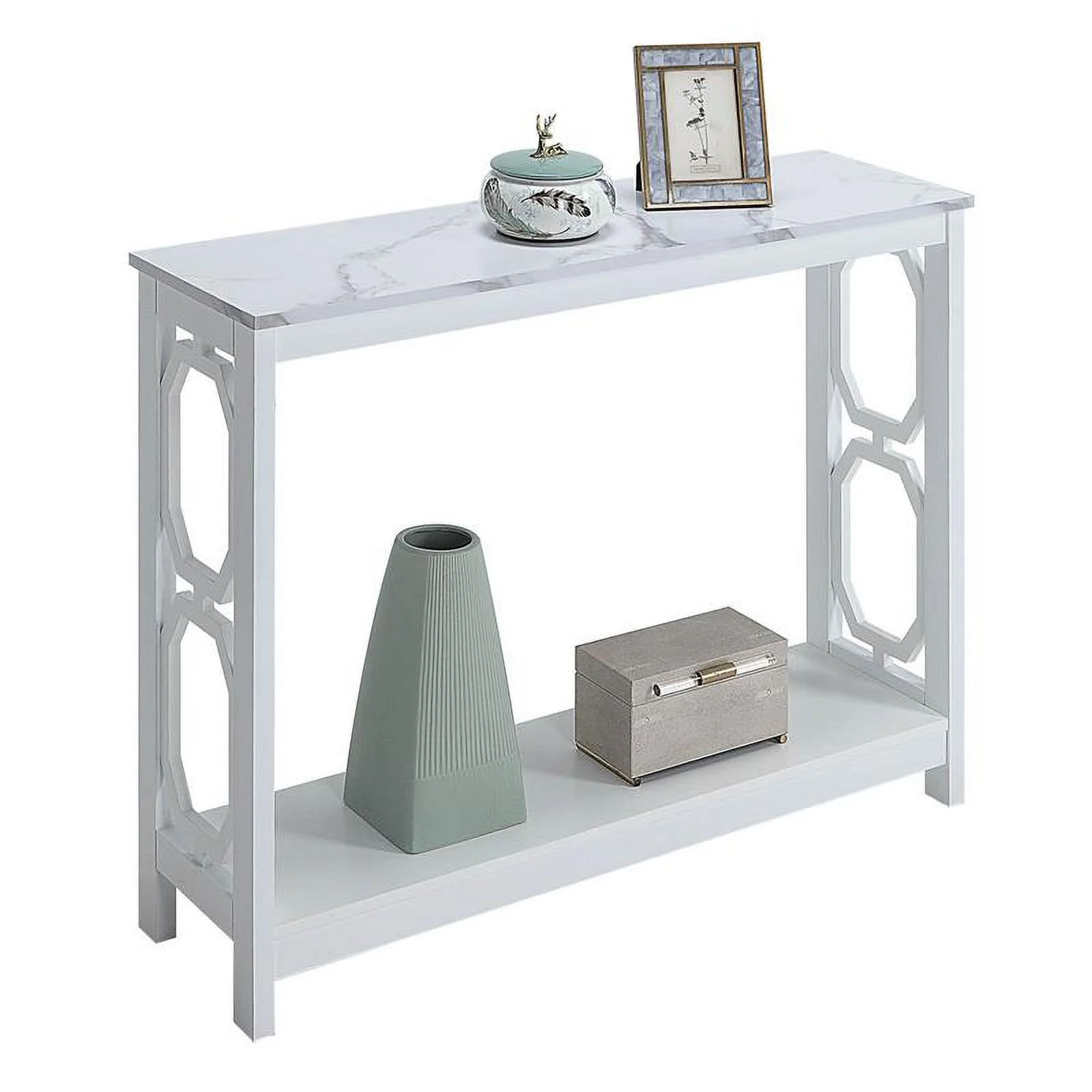 Pemberly Row Console Table with Shelf with White Faux Marble & White Wood Finish
