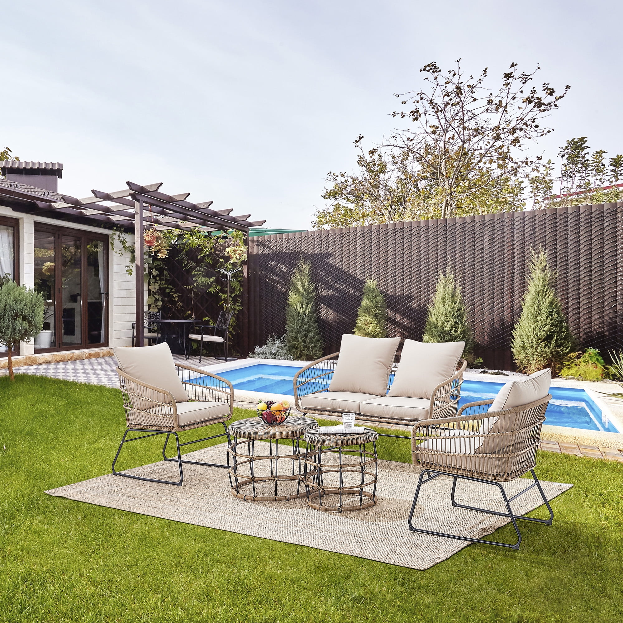 Barton 5Pcs Outdoor Patio Furniture Sets Wicker Rattan Sectional Sofa 2 Side Table 4 Seats Beige