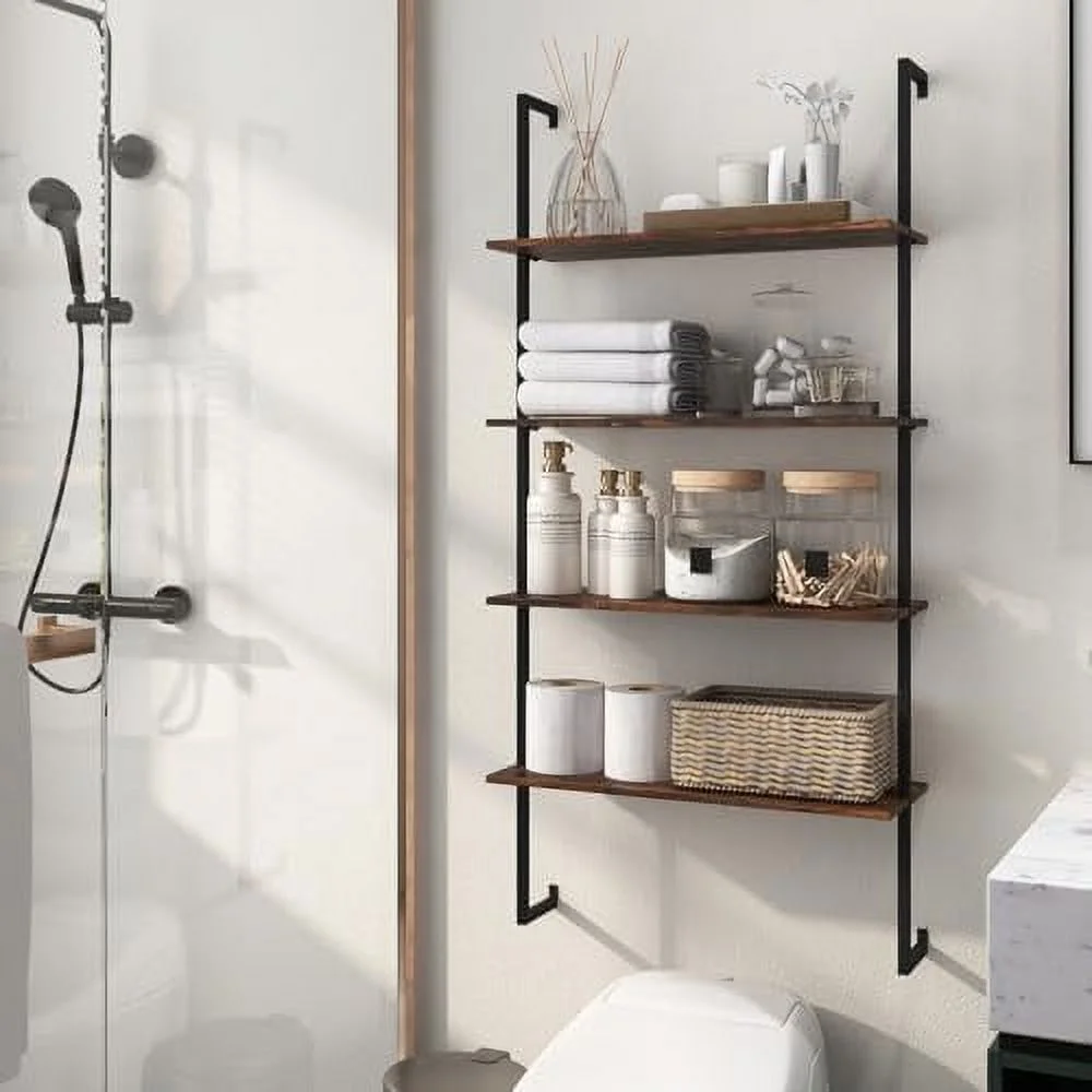 ZFGSUIJN 4 Tier Modern Wall Mounted Bookshelf Rustic Brown  64" Industrial Wood Bookcase with Metal Frame  Display  Rack Organizer  Ladder  Bookcase for Living Room  Kitchen