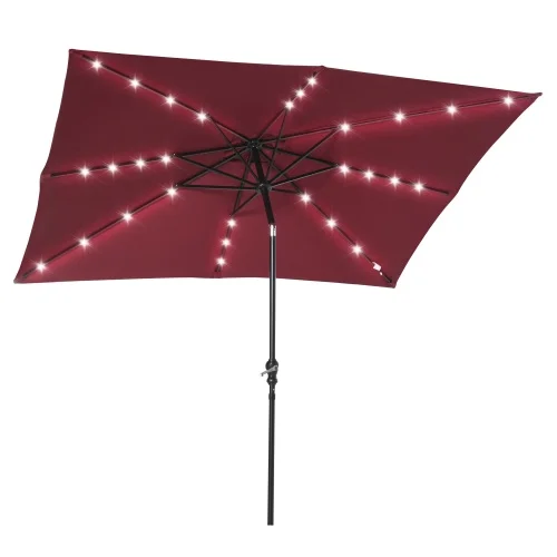Buumin Outsunny 9' x 7' Solar Umbrella, LED Lighted Patio Umbrella for Table or Base with Tilt & Crank, Outdoor Umbrella for Garden, Deck, Backyard, Pool, Beach, Wine Red