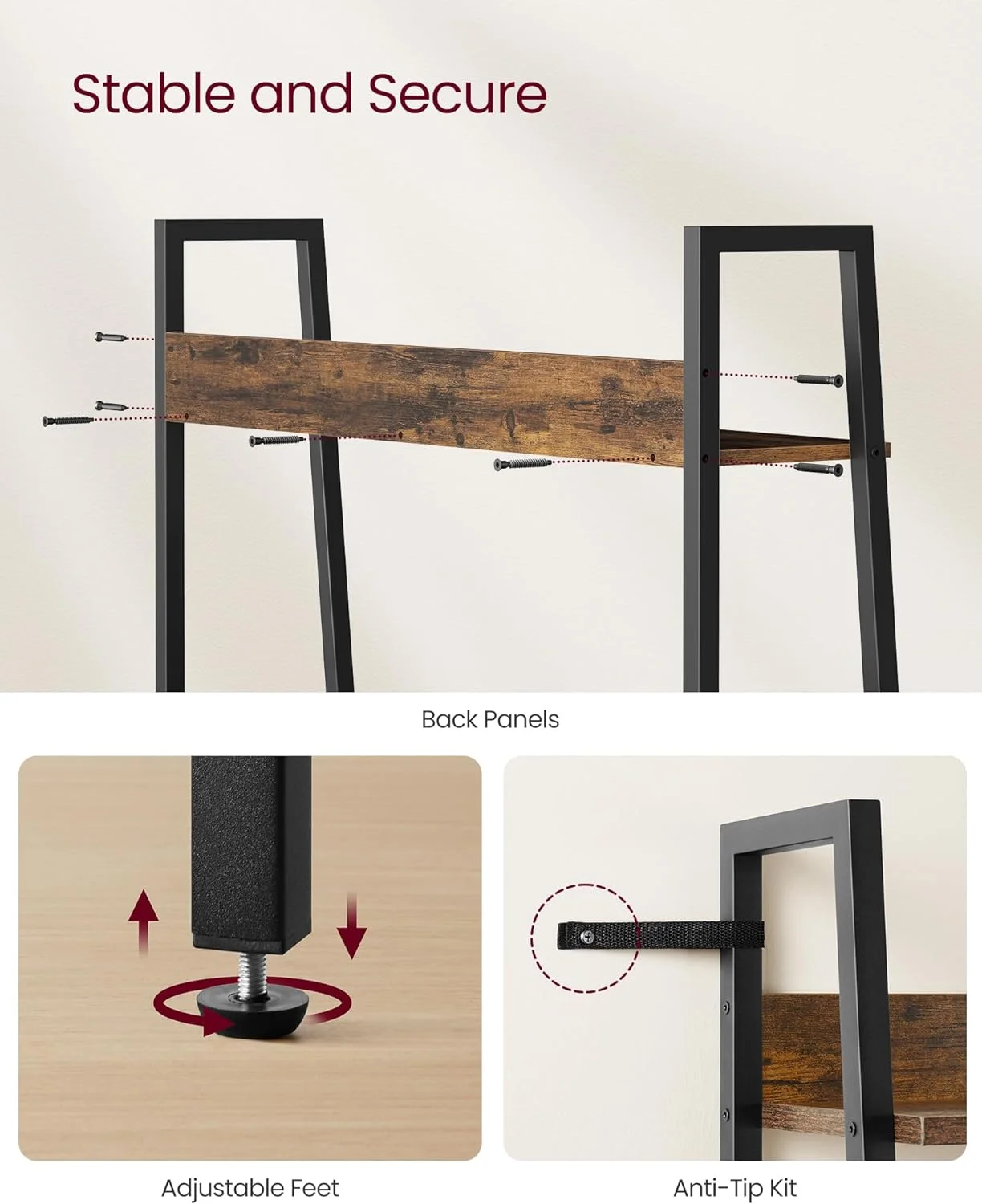 5-Tier Ladder Bookshelf: Rustic Brown & Ink Black, Home Office, Living Room, Bedroom