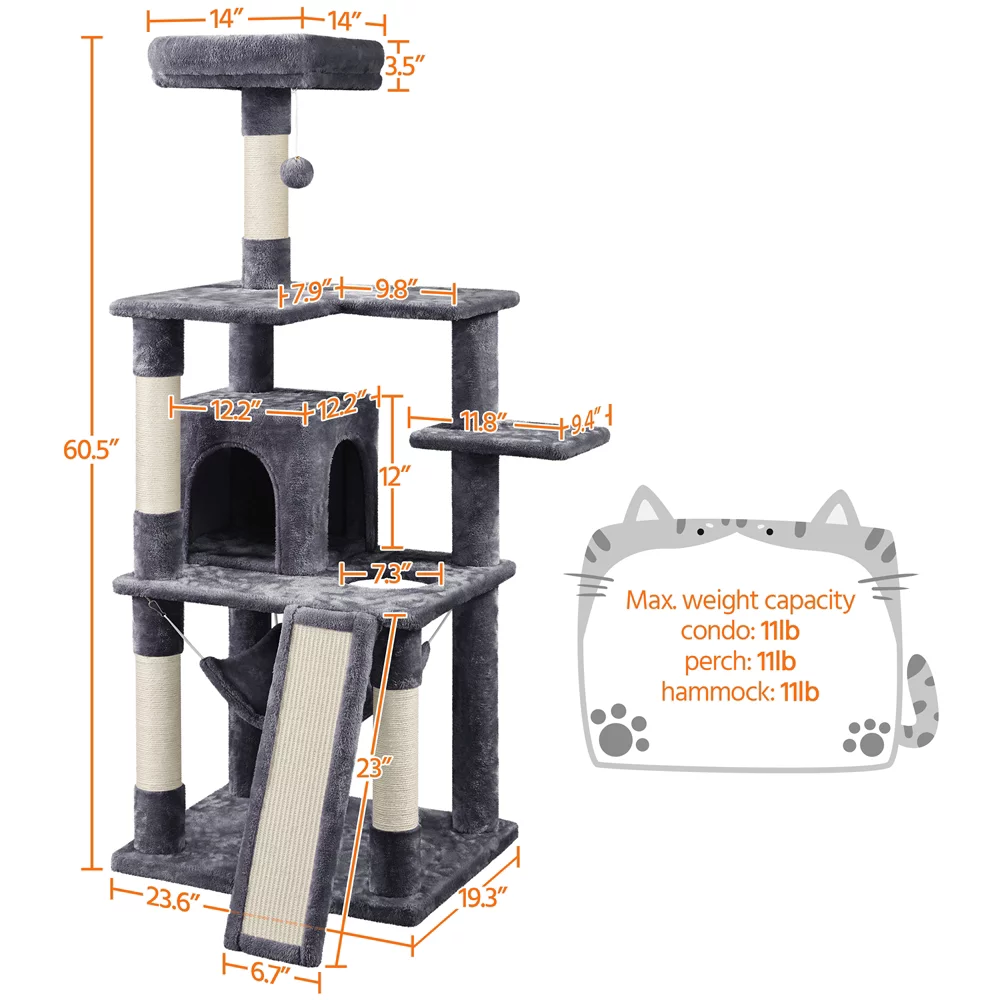 Topeakmart 60.5-in Multilevel Cat Tree Condo Scratching Posts with Hammock Top Perch, Dark Gray