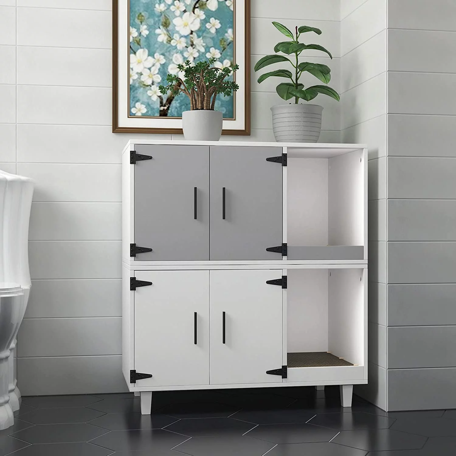 Modern Wood Pet Crate: Cat Washroom Hidden Litter Box Enclosure Furniture House, Nightstand with Scratch Pad, Stackable (White)