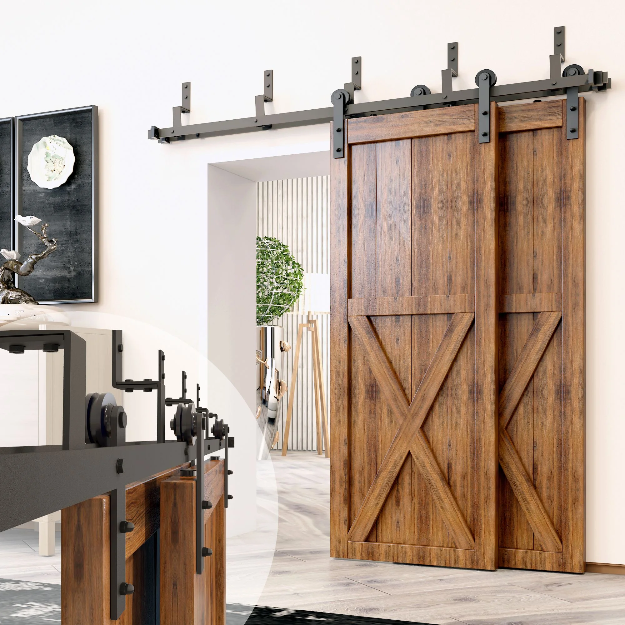 Homacer Black Rustic Double Track Z-Shape Bypass Sliding Barn Door Hardware Kit, for Two/Double Doors, 7.5ft Long Flat Track, Straight Design Roller, Heavy Duty, for Interior & Exterior Use