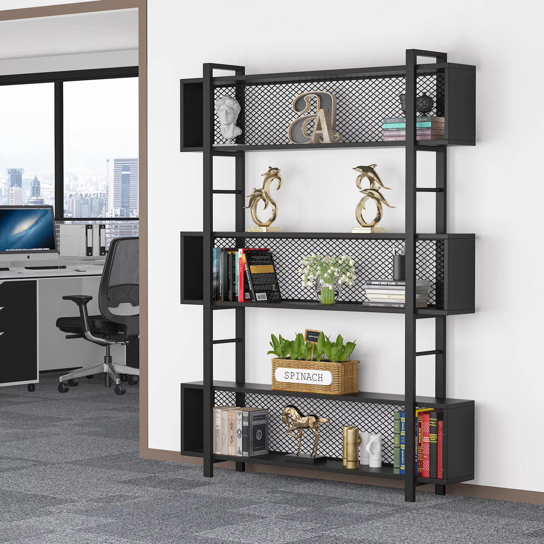 Modern 5-Tier Bookshelf Industrial Wide Bookcase Rustic Wood and Metal Standing Bookshelf