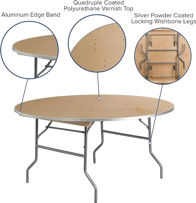 Heavy Duty Natural Birchwood 5-Foot Round Metal Edges Folding Banquet Table 60