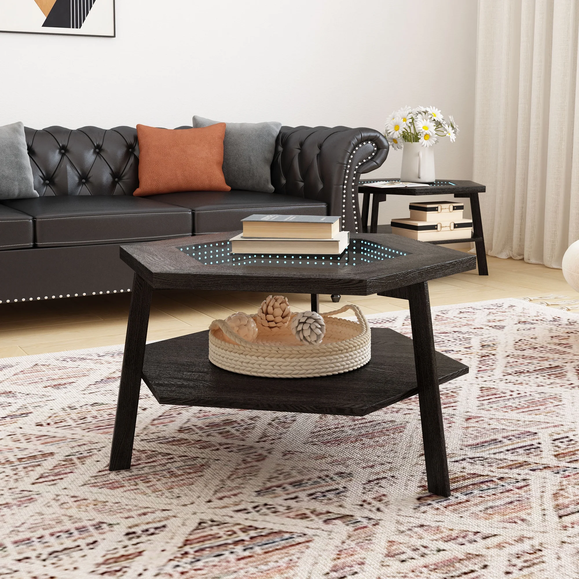 Modern Hexagon Smart Coffee Table with Voice-Activated LED Lights, Bluetooth - Living Room, Reception Room