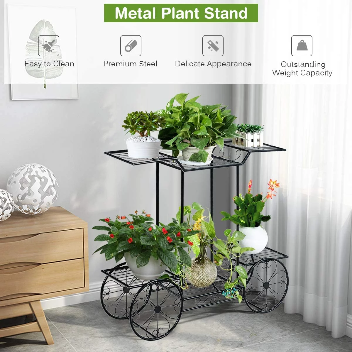 Flower Cart, Metal Plant Stand with 4 Decorative Wheels & 6 Pots, Multi Flower Planter Potted Holder Organizer for Indoor Outdoor Balcony Patio Garden, Black