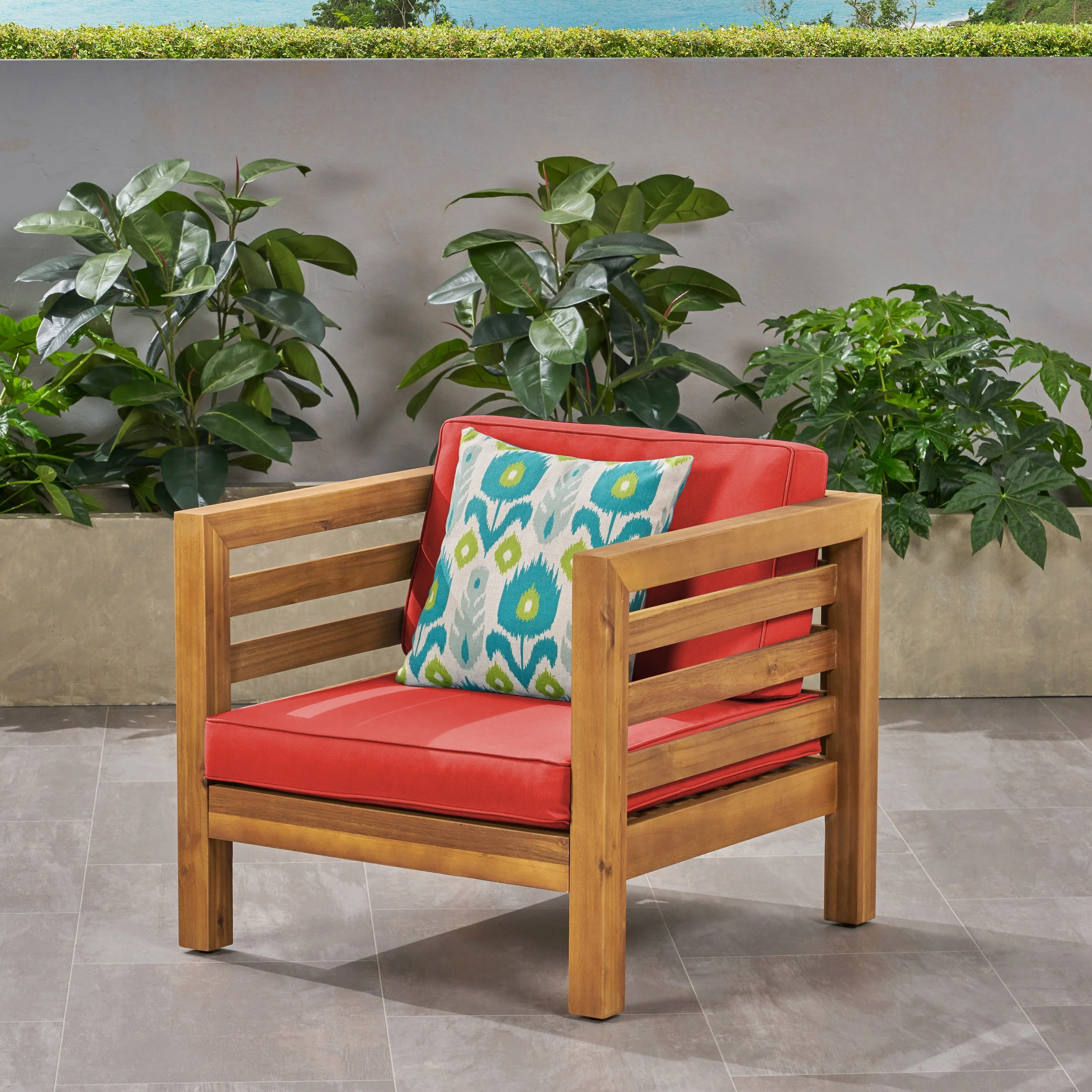 Noble House Oana Outdoor Acacia Wood Club Chair in Teak and Red