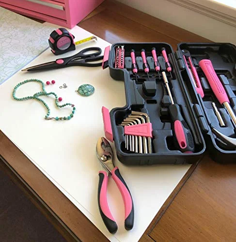 APOLLO TOOLS Original 39 Piece General Household Tool set in Toolbox Storage Case with Essential Hand Tools for Everyday Home Repairs, DIY and Crafts Pink/Black - Pink Ribbon- DT9706P