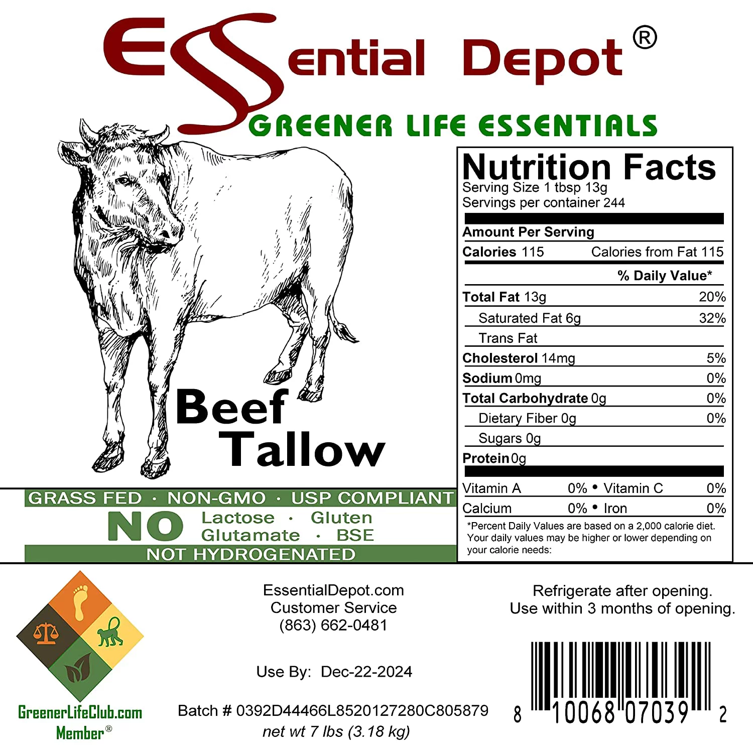 Beef Tallow - 7 pounds shipped in a safety-sealed freezer and microwave safe square pail with resealable lid and removable handle