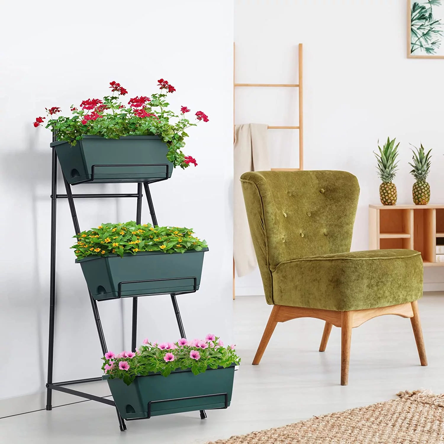 3-Tiers Plastic Planter Box Freestanding Garden Planter, Green