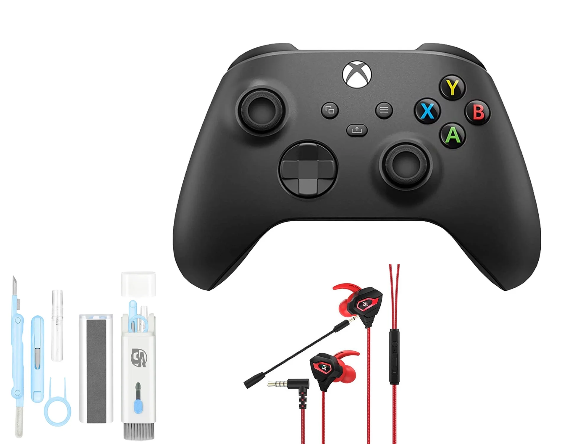 Microsoft Xbox Wireless Carbon Black Controller for Xbox Console + Wired Earbuds With Cleaning Kit BOLT AXTION Bundle Used