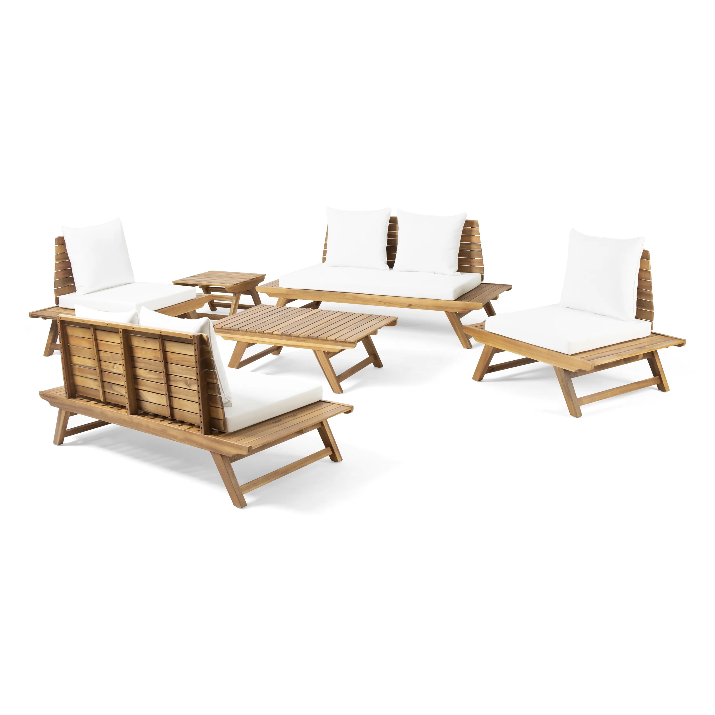 Ledger Outdoor Acacia Wood 6 Seater Chat Set with Side Table and Coffee Table, Teak and White
