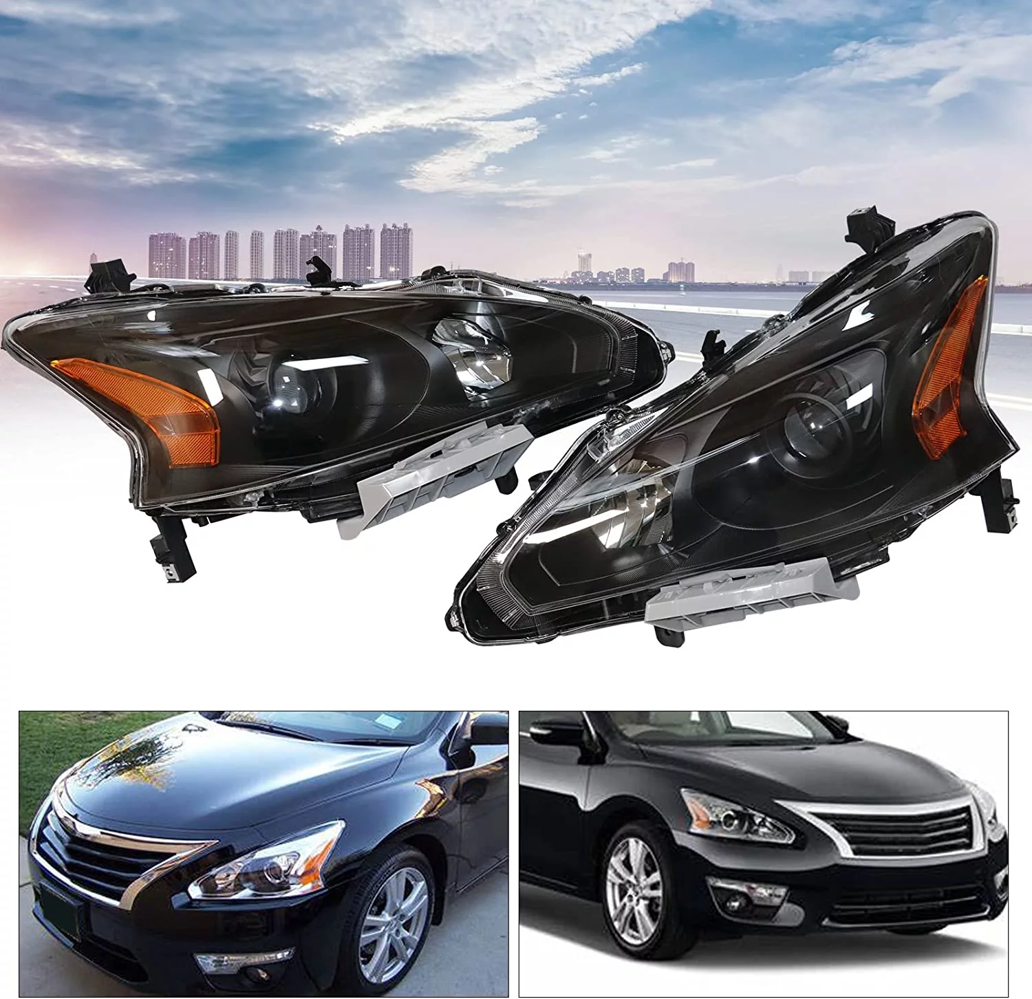 DENEST Black Housing Headlight Assembly Replacement Compatible with 2013 2014 2015 Altima Sedan Halogen Headlight NI2502208 NI2503208 - Passenger and Driver Side