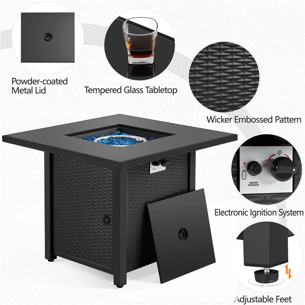 Topeakmart 30in Metal Fire Pit Table 50,000 BTU with Tempered Glass Tabletop, Glass Fire Stones & Water-resistant Cover, Propane