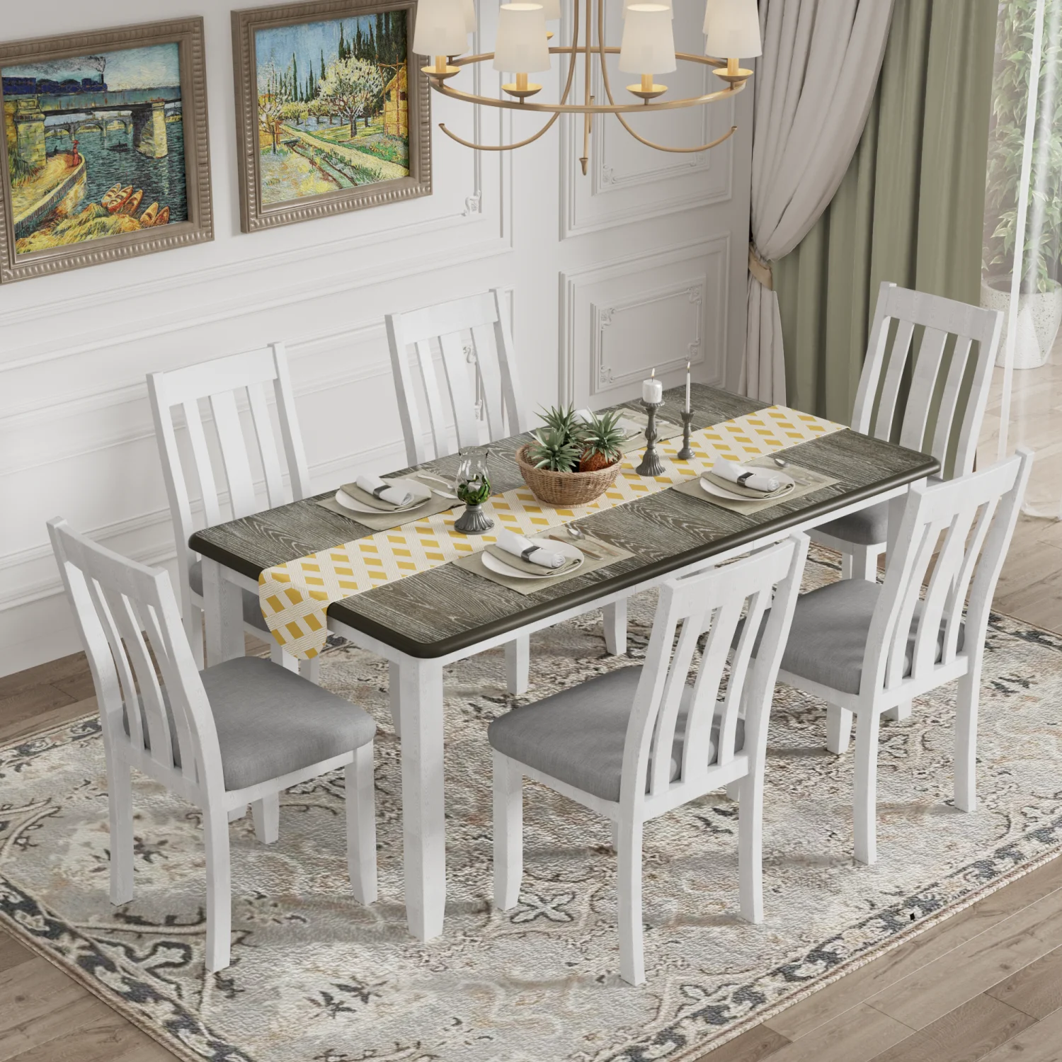Churanty Dining Table Set for 6 Farmhouse Extendable Rectangular Table and 6 Upholstered Chairs,Antique Brown+White