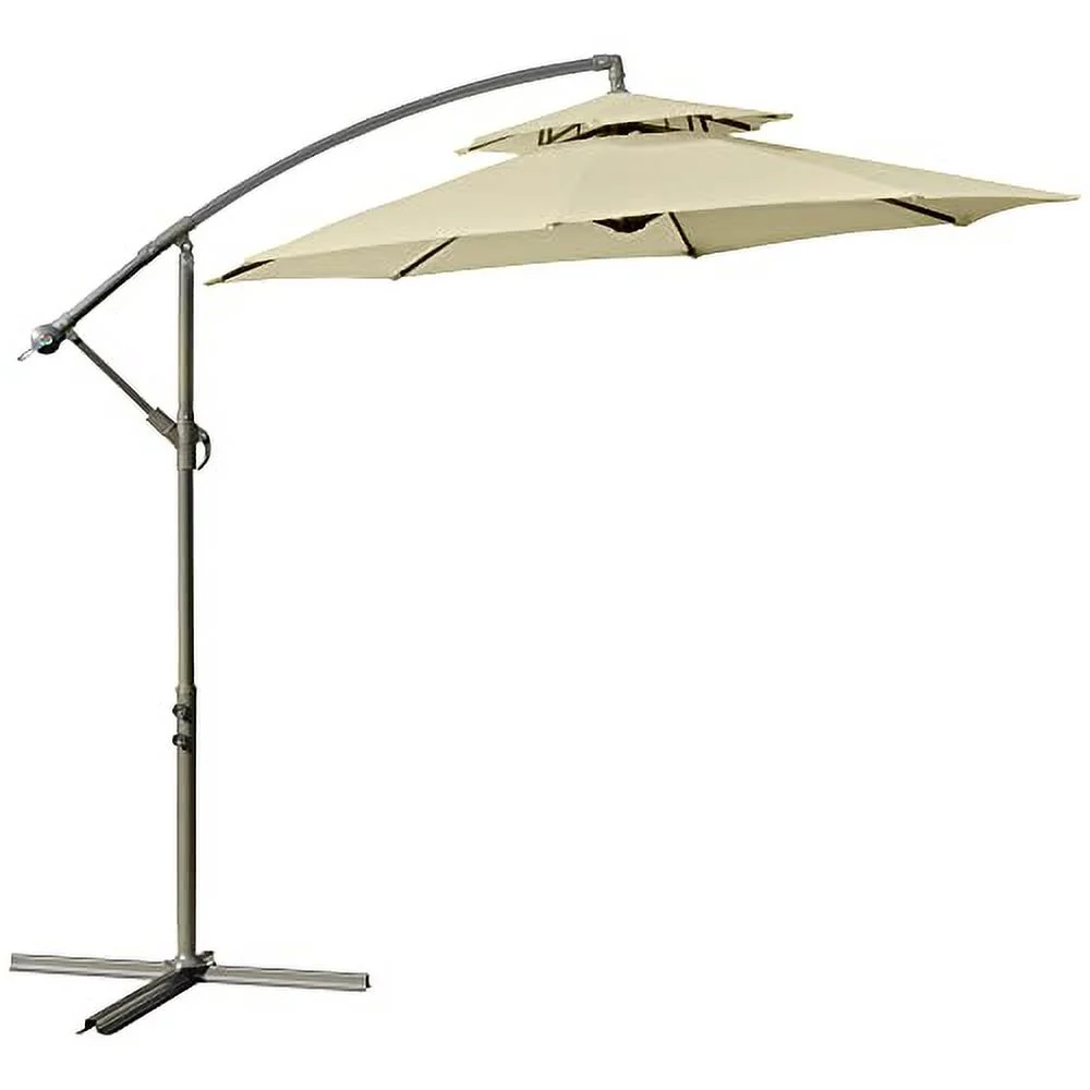 Outsunny 9' 2-Tier Cantilever Umbrella with Crank Handle, Cross Base and 8 Ribs, Garden Patio Offset Umbrella for Backyard, Poolside, and Lawn