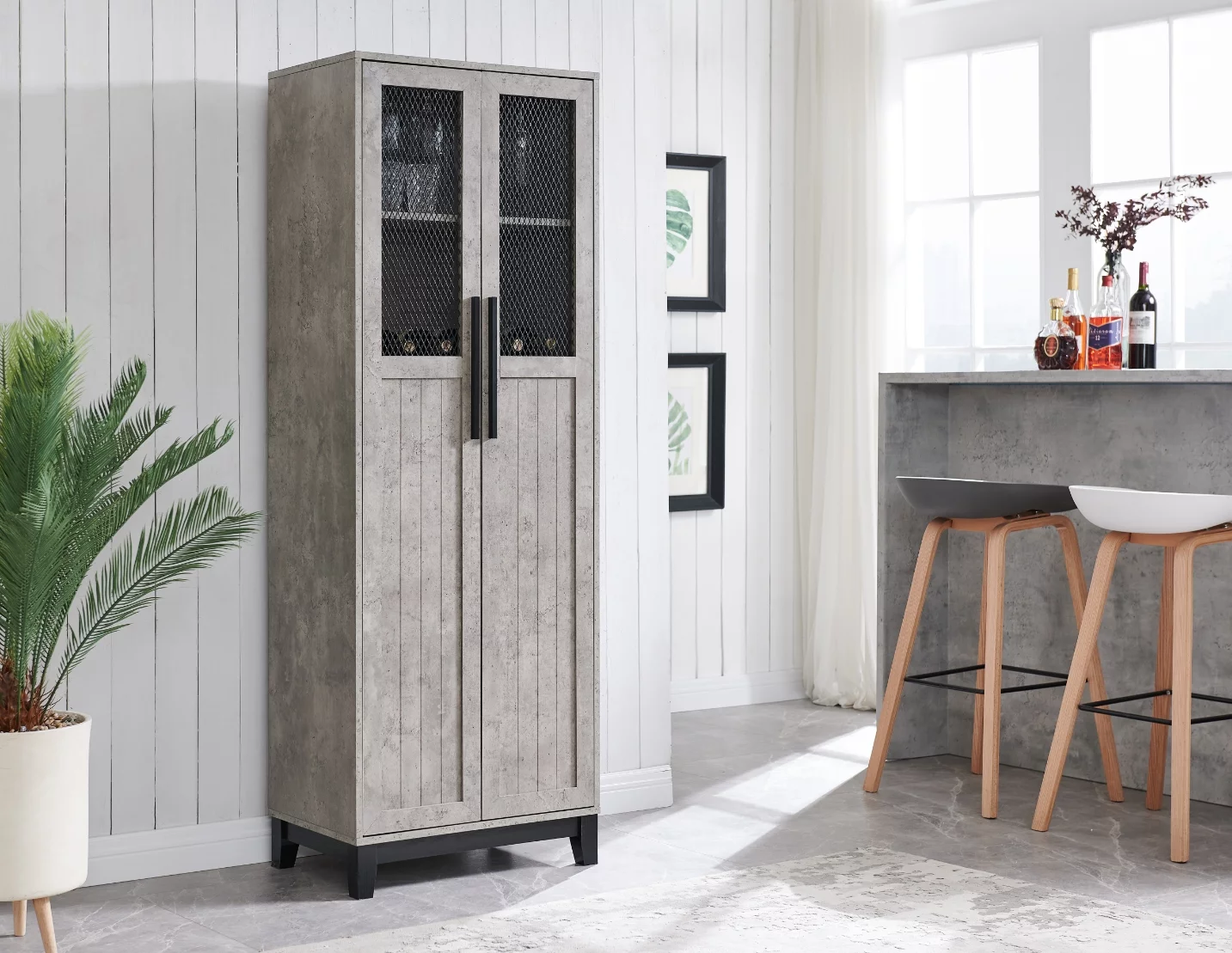 Home Source Concrete 2-Door Bar Cabinet with Mesh Display