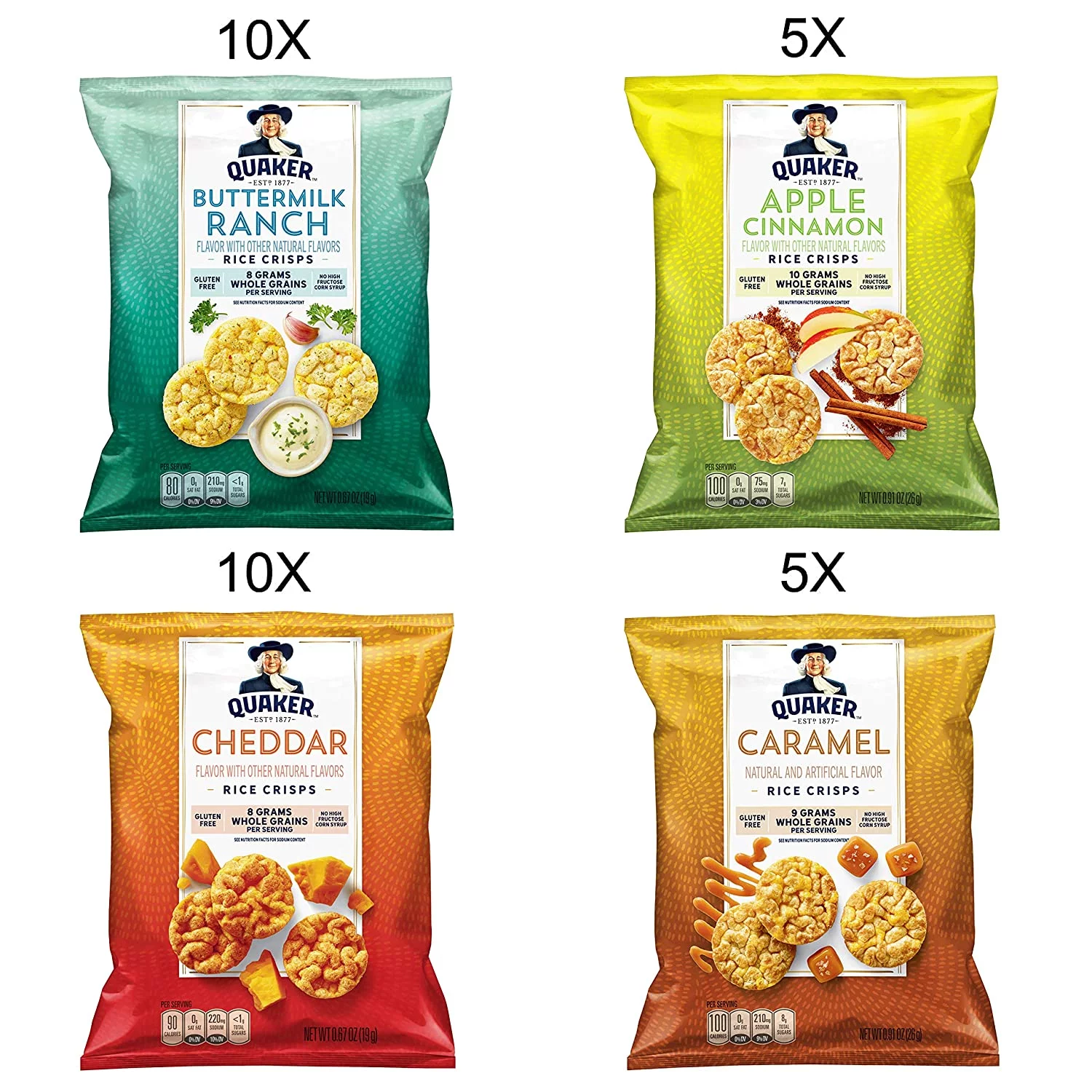 Quaker Rice Crisps, Gluten Free, 4 Flavor Sweet and Savory Variety Mix, 0.67 oz, 30 Count
