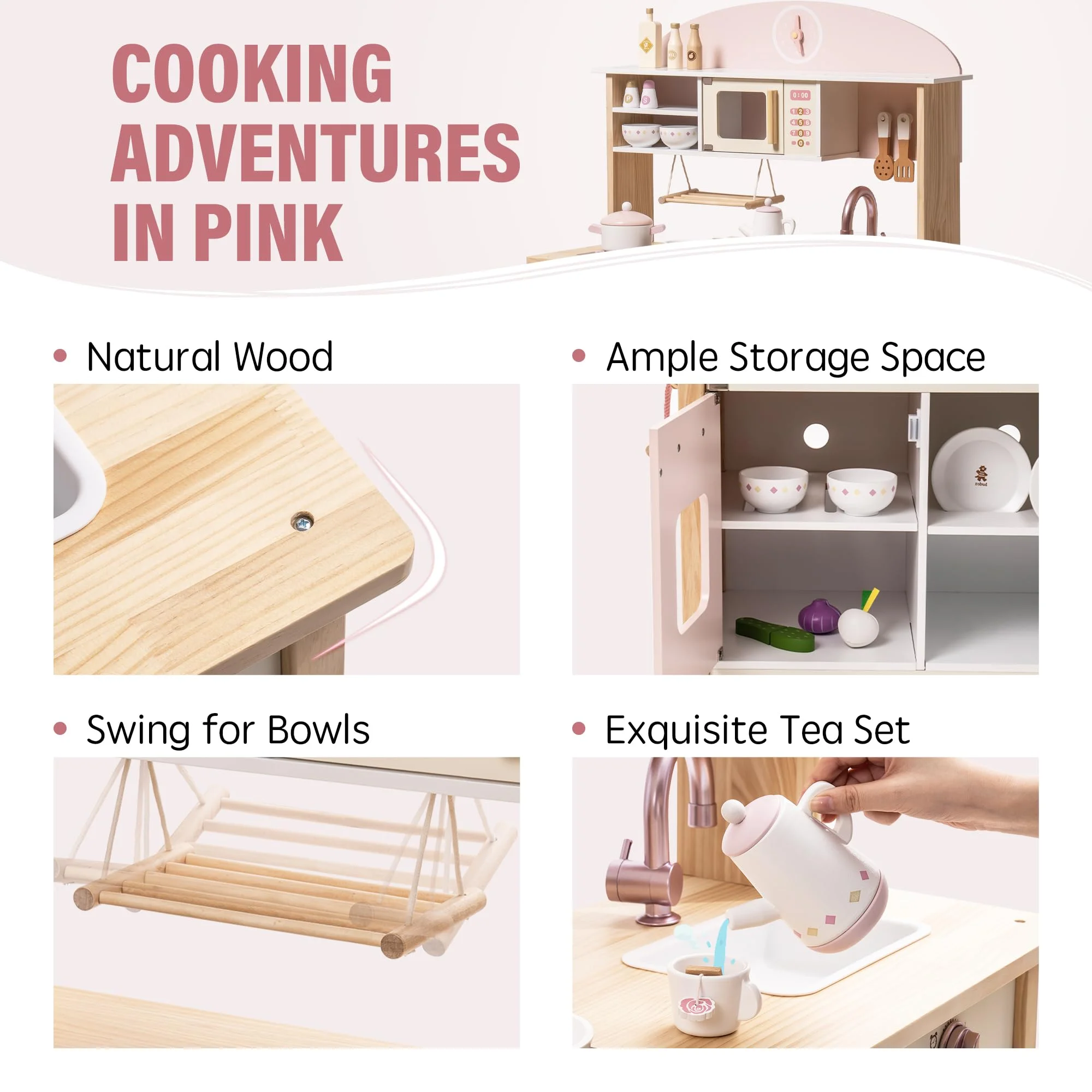 Robud Kids Wooden Kitchen Play Set Pretend Playset Toy with Play Cooker for Girls Boys Age 3+,Pink