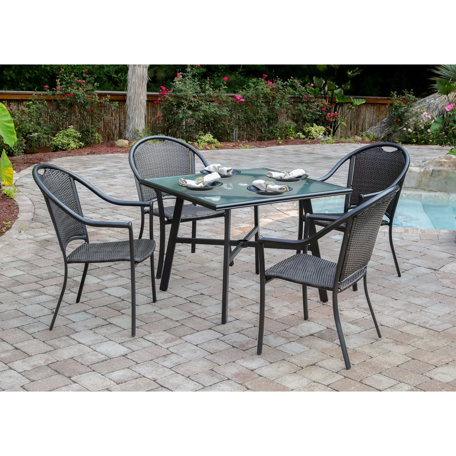 Hanover Bambray 5-Piece Commercial-Grade Patio Set with 4 Woven Dining Chairs and a 38-In. Glass-Top Dining Table